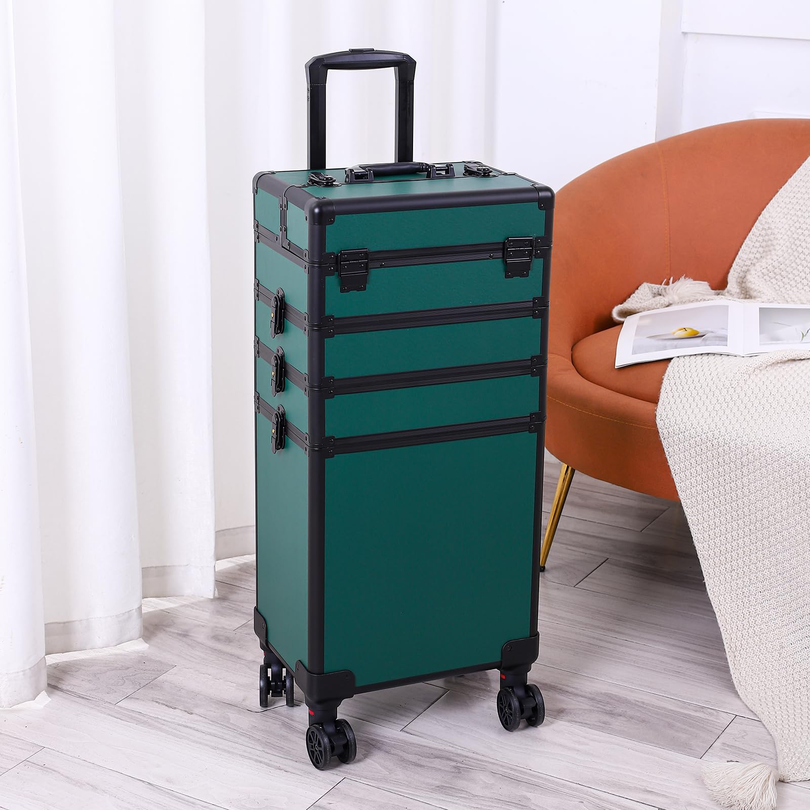 Karl Home 4-in-1 Makeup Train Case Rolling Cosmetic Trolley - Large Capacity Professional Beauty Organizer with 360° Swivel Wheels & Lock - Perfect for Traveling Hairstylists, Makeup Artists & Nail Tech Students (Dark Green) | Ideal for Salon Professionals, Beauty School & On-the-Go Makeup Storage