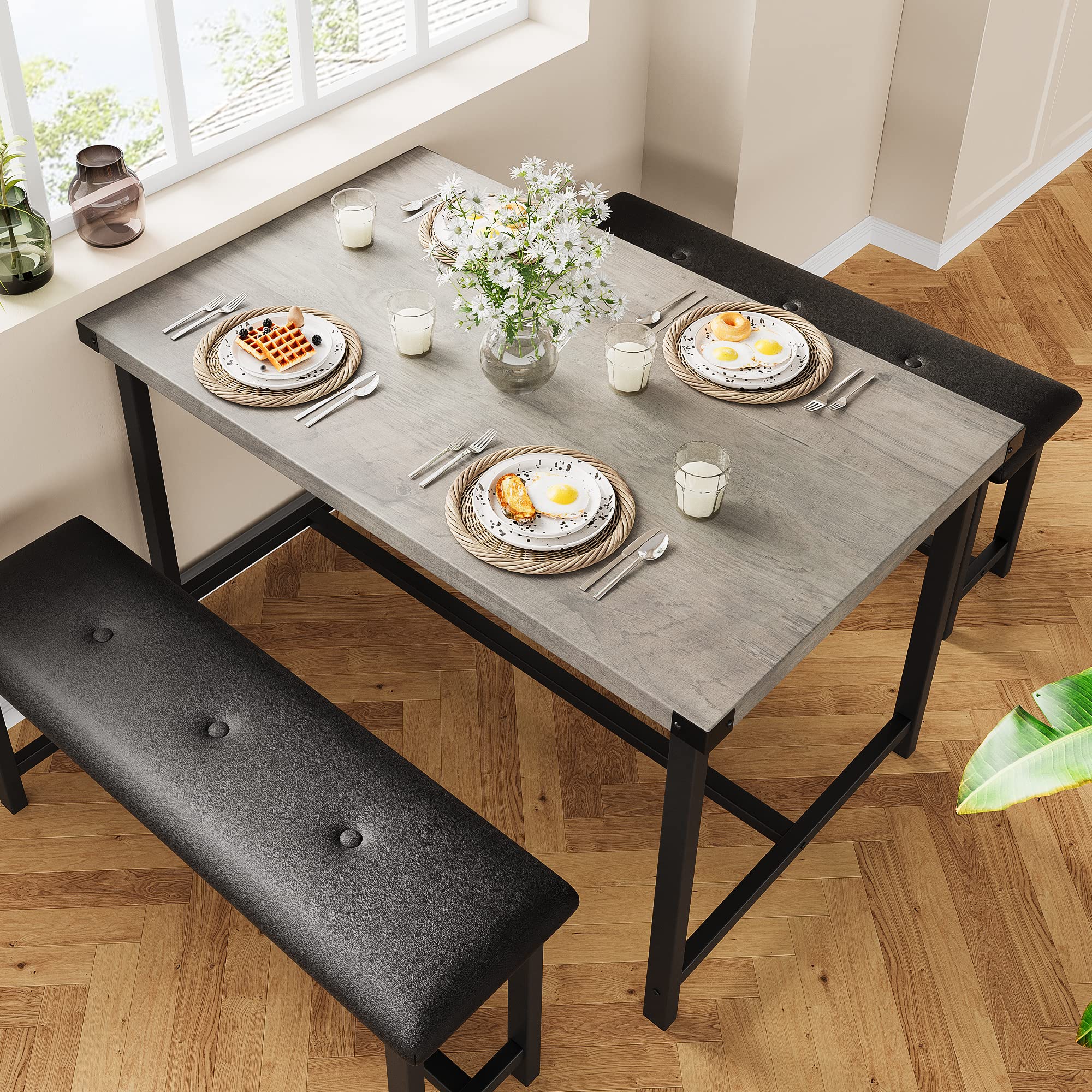 3-Piece Retro Gray Kitchen Table Set with 2 Upholstered Benches - Space-Saving Dining Table for 4, Perfect for Small Apartments, Studios & Compact Spaces | Ideal for Family Meals, Entertaining Guests & Cozy Dining