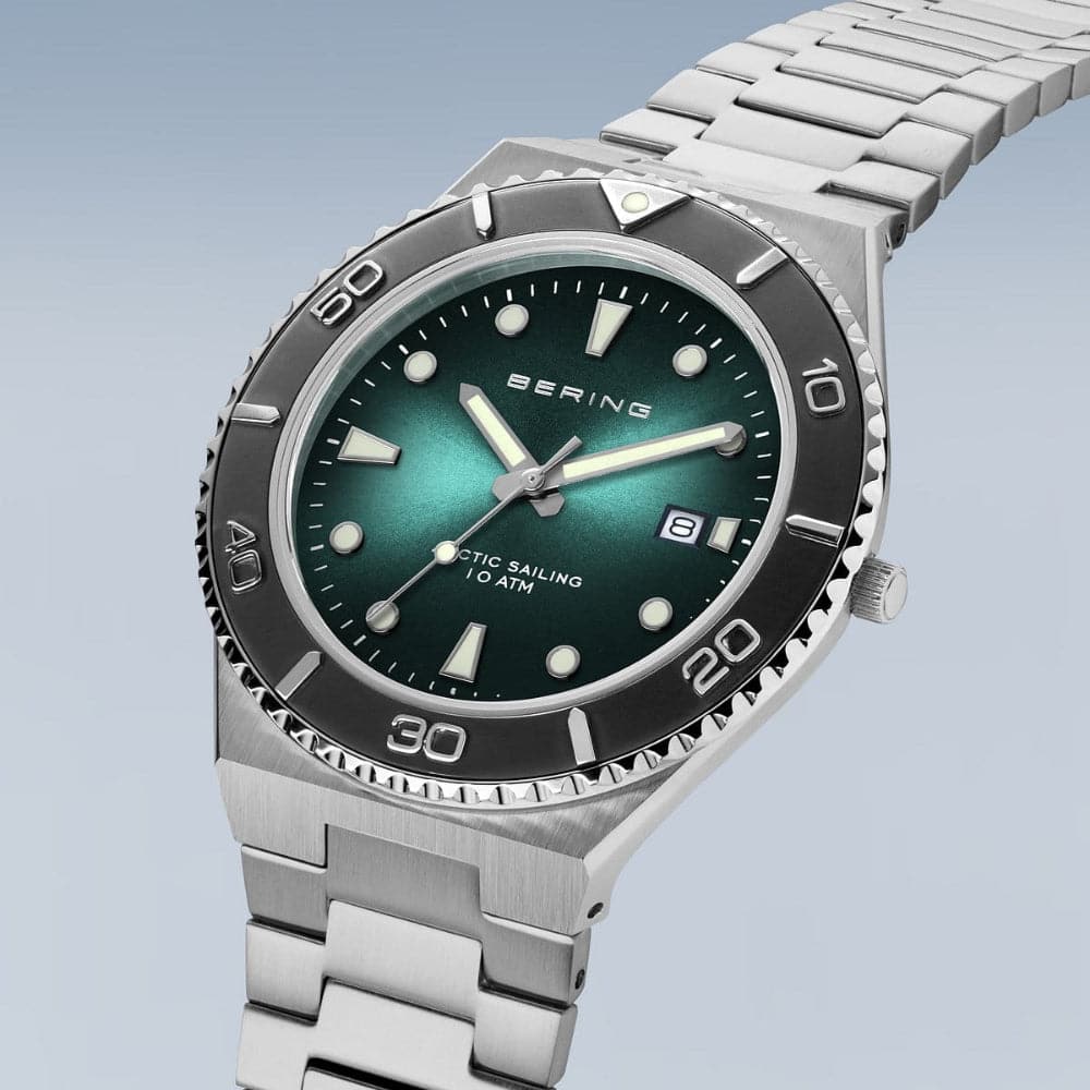 Bering Classic Green Dial Silver Stainless Steel Men's Watch 18940-708 | Luxury Dress Watch for Business & Formal Occasions