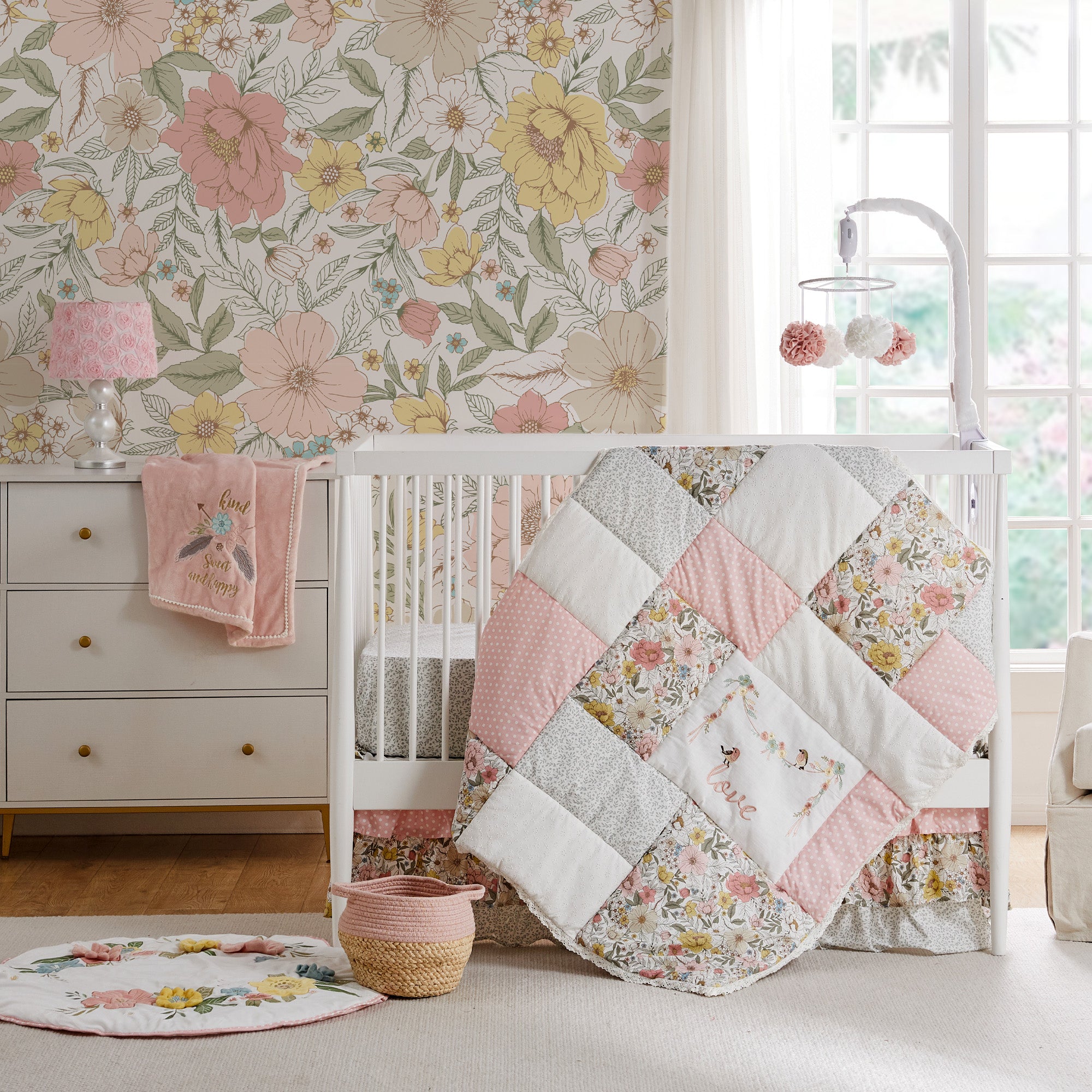 Patch Garden 4-Piece Crib Bedding Set - Soft Baby Crib Sheets, Fitted Crib Skirt & Coordinating Pillowcase - Nursery Bedding for Boys & Girls - Perfect for Newborns, Infants & Toddlers