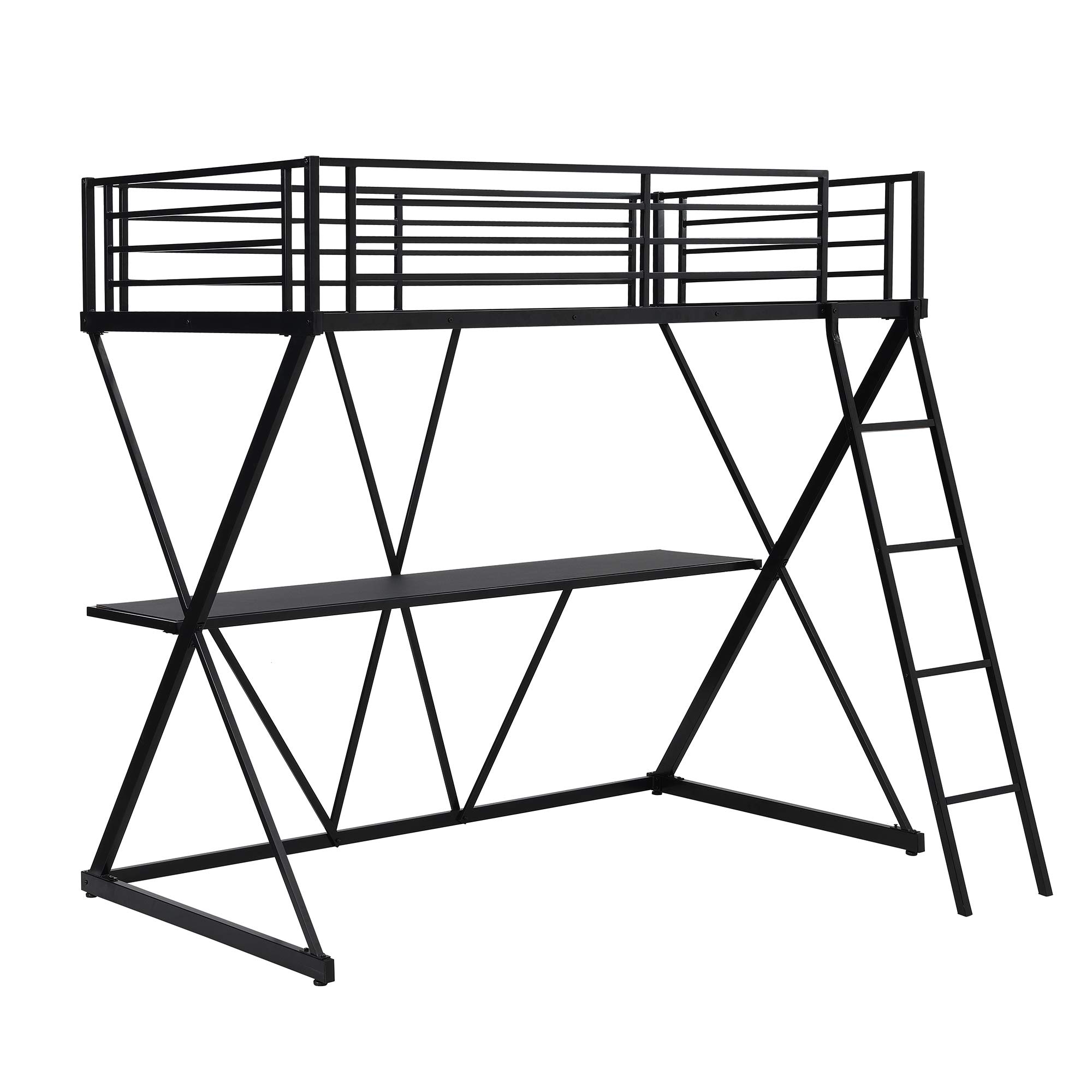 **Twin Steel Loft Bed for Kids & Teens - Sturdy X-Shaped Frame with Built-in Desk, Angled Ladder & Full-Length Guardrails - No Box Spring Needed (Black) - Perfect for Small Bedrooms, Dorms & Space-Saving Kids' Rooms**