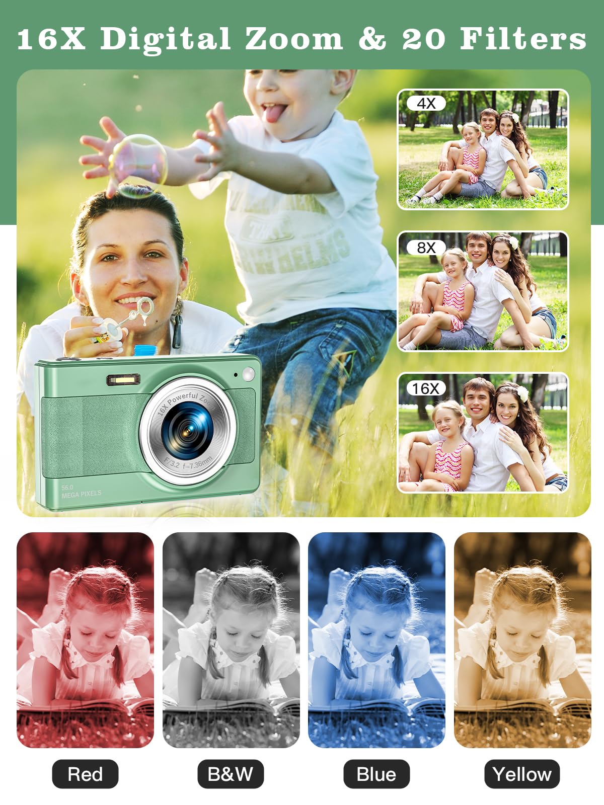 56MP FHD 1080P Kids Digital Camera with 16x Zoom & Anti-Shake - 32GB TF Card, 2 Batteries, Lanyard Included - Compact Portable Camera for Boys & Girls (Green) - Perfect for Travel, Birthday Gifts & First Photography Lessons