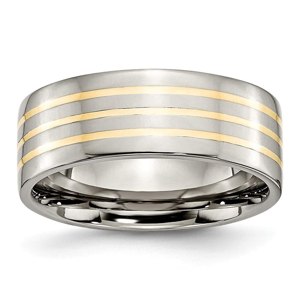 14K Gold Inlaid Titanium Wedding Band Ring for Women - 8mm Polished Flat Engravable Ring (Sizes 6-13) - Perfect Anniversary, Engagement & Bridal Jewelry Gift