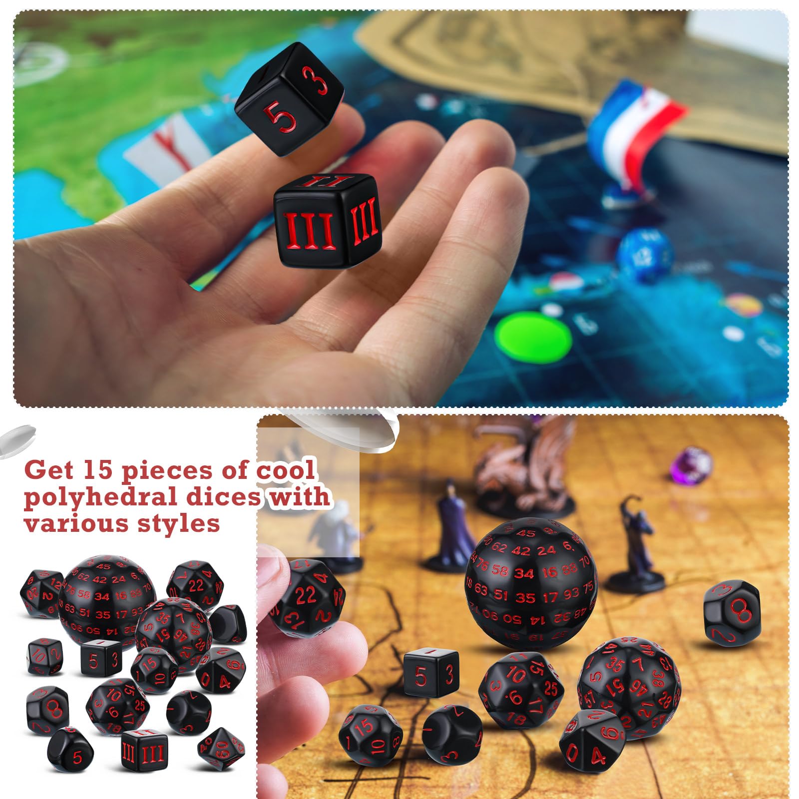 15-Piece Complete Polyhedral Dice Set D3-D100 | Opaque Black & Red RPG Dice for Dungeons & Dragons, Pathfinder & Tabletop Role-Playing Games | Perfect for Game Nights, D&D Campaigns & Gift Giving