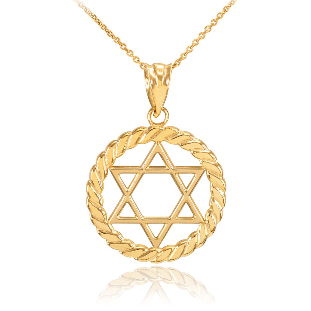 14K Yellow Gold Star of David Pendant Necklace - Jewish Religious Jewelry, Circle Rope Chain for Men & Women - Perfect for Hanukkah Gifts, Bar Mitzvah & Everyday Wear