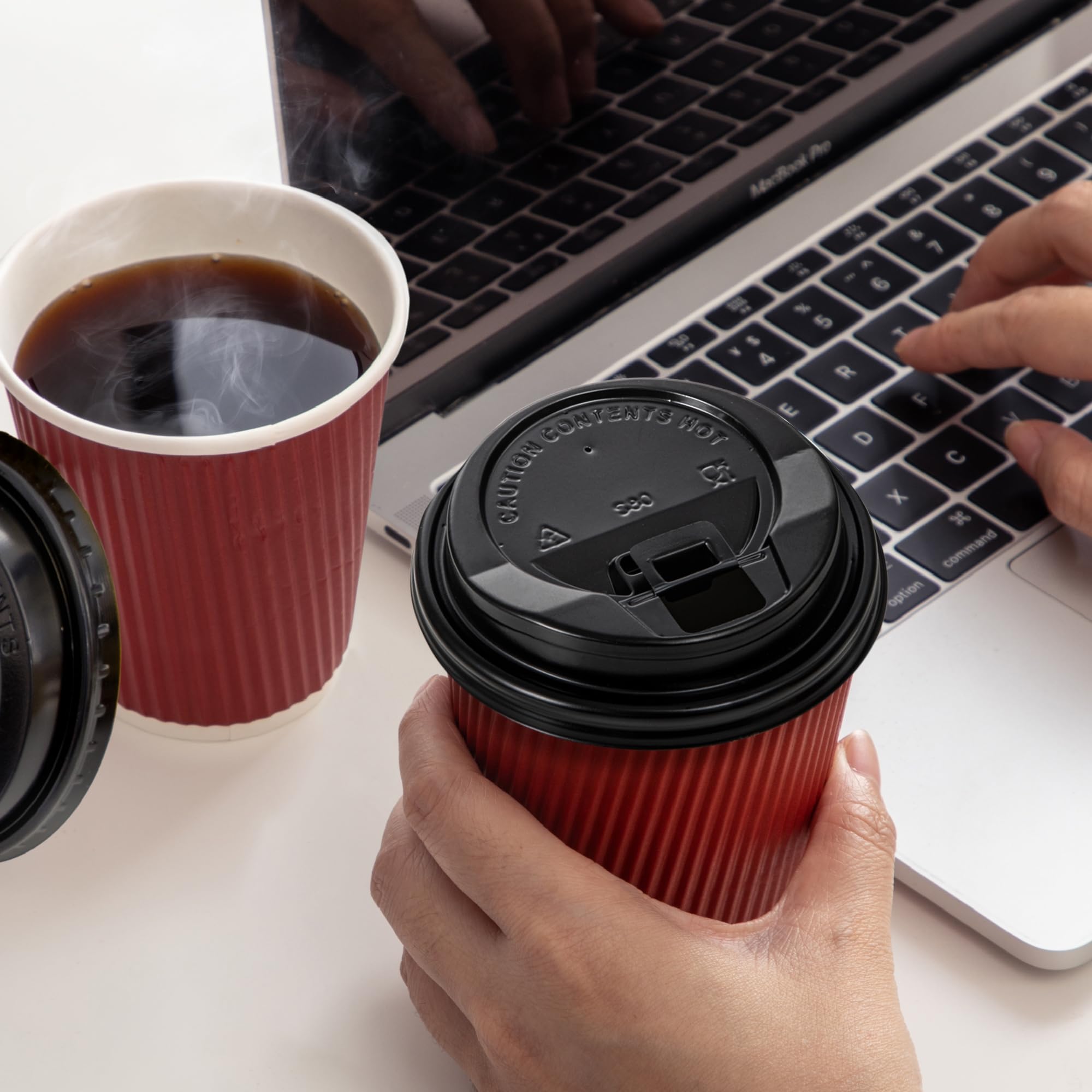 50 Pack 16oz Disposable Coffee Cups with Lids & Stirrers - Triple Wall Corrugated Hot Drink Cups for Coffee, Tea, Hot Chocolate - Perfect for Office, Cafes, Parties, Holidays & Events (Red Cups with Black Lids)