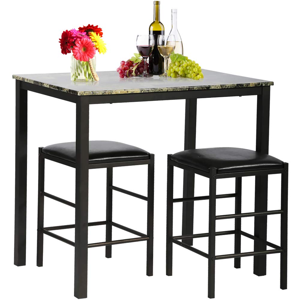 Modern 4-Piece Dining Table Set with Marble Rectangular Top & 2 Faux Leather Backless Stools - Kitchen, Breakfast Nook, Small Space Furniture - Black (Perfect for Apartments, Condos, Cafes & Cozy Dining Areas)