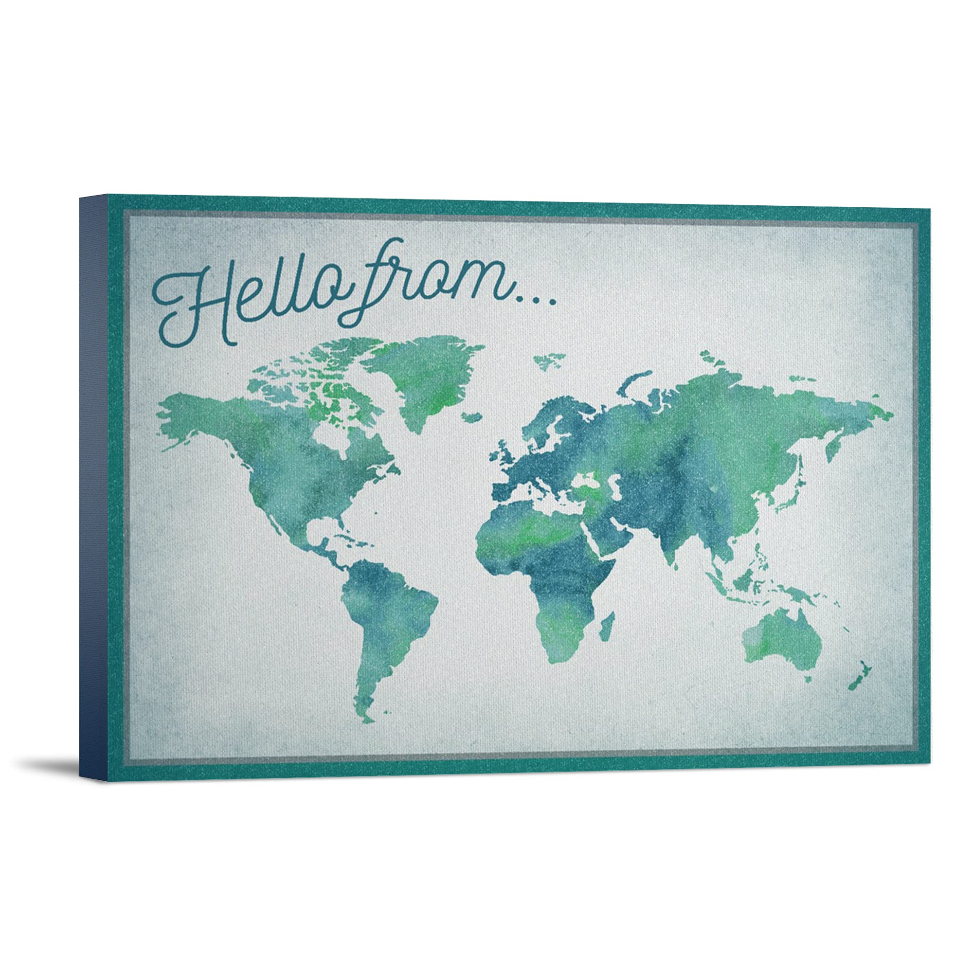 Hello From, World Map Watercolor Art Print - 36x24 Inch Gallery Wrapped Canvas Wall Decor for Living Room, Office & Nursery - Perfect Travel Theme Home Decoration