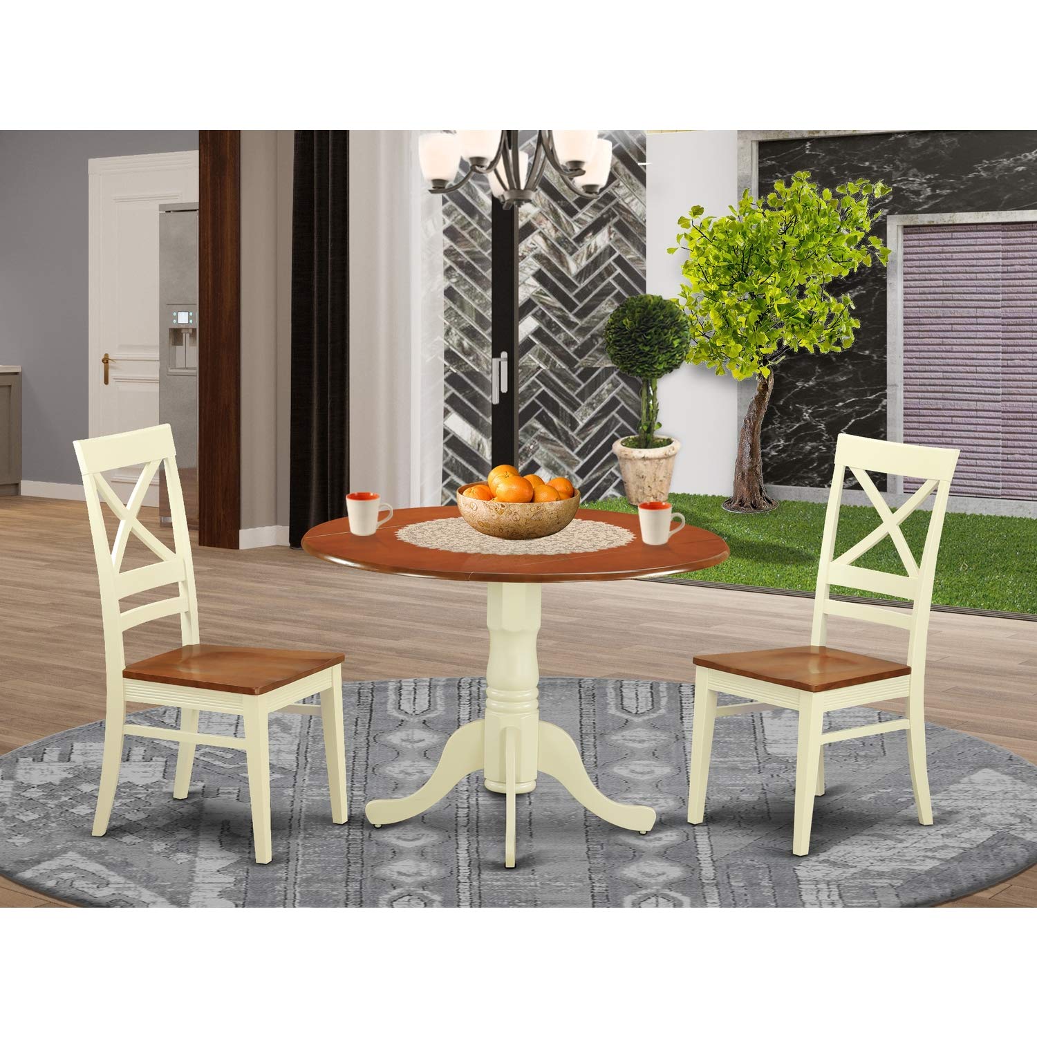 East West Furniture DLQU3-BMK-W 3 Piece Dining Set - Compact 2-Person Dinette Table with 2 Matching Chairs for Small Spaces, Kitchen Nooks & Breakfast Areas
