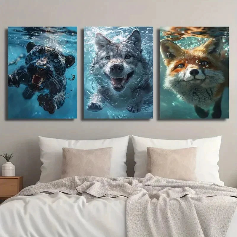3-Piece Black Panther, Wolf, and Fox Swimming Metal Wall Art - Ready to Hang Wildlife Decor for Living Room, Bedroom, or Office