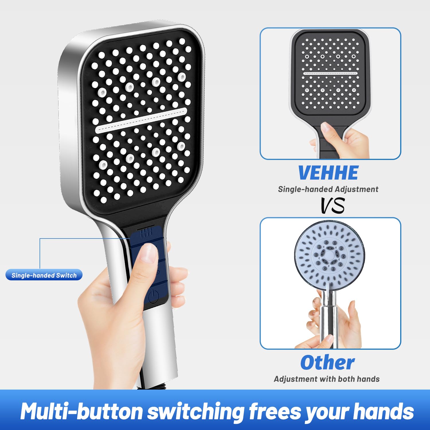 VEHHE 7-Spray Mode Square Shower Head with 1.5M Hose - Water Saving Rain Shower with Stop Button & Adjustable Universal Bracket (Silver) - Perfect for Bathroom Renovation & Water Conservation