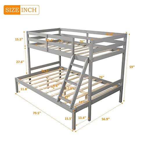 Solid Wood Twin Over Full Bunk Bed with Ladder & Guardrail - Convertible to Separate Twin/Full Size Beds - No Box Spring Needed (Gray) - Perfect for Kids' Bedrooms, Guest Rooms & Space-Saving Solutions