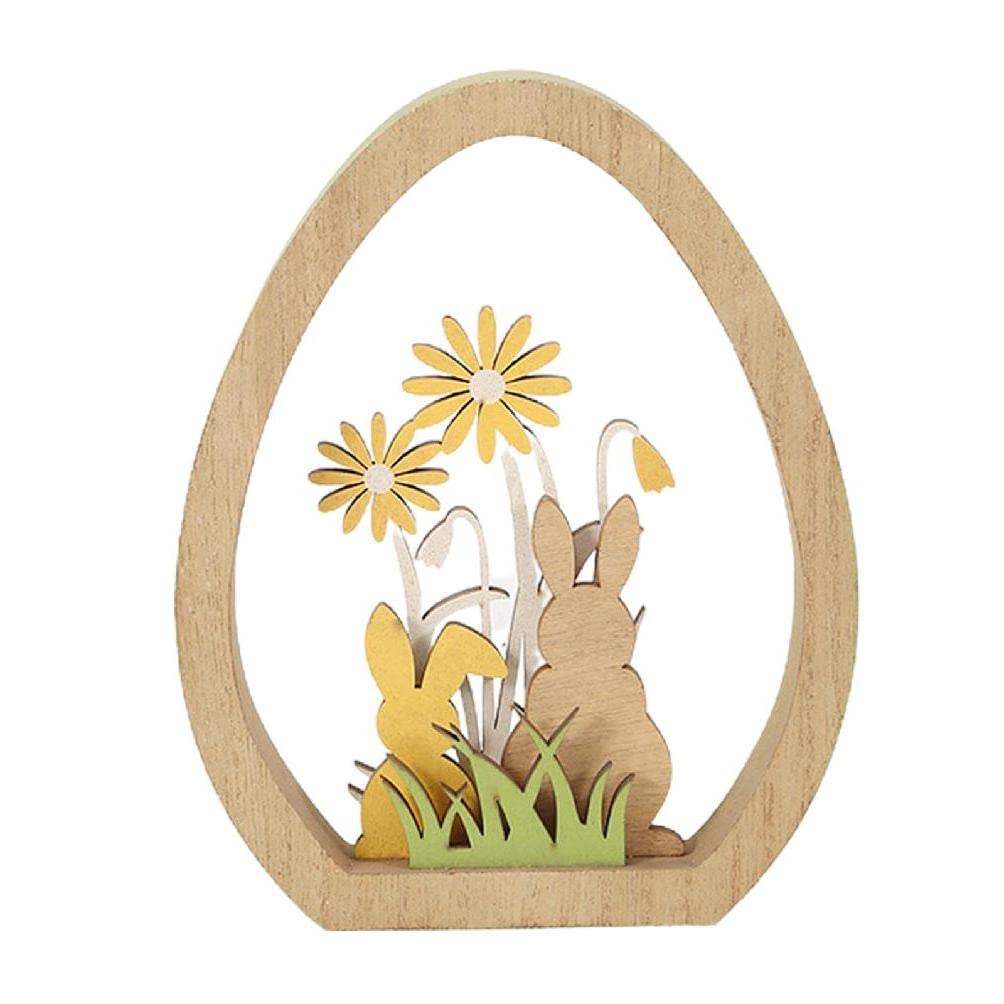 Jesscasday Wooden Easter Bunny Ornament with Floral Grass - Egg Shaped Frame Decor for Home, Festival, Living Room & Table - Perfect for Easter Celebrations, Spring Home Decor & Holiday Gift Giving