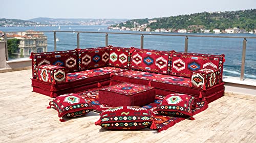 Maroon Floor Cushions - L-Shaped Corner Sofa Set with Rug & Poufs | Arabic Majlis Jalsa Style | Indoor Living Room & Outdoor Floor Seating for Relaxation & Social Gatherings