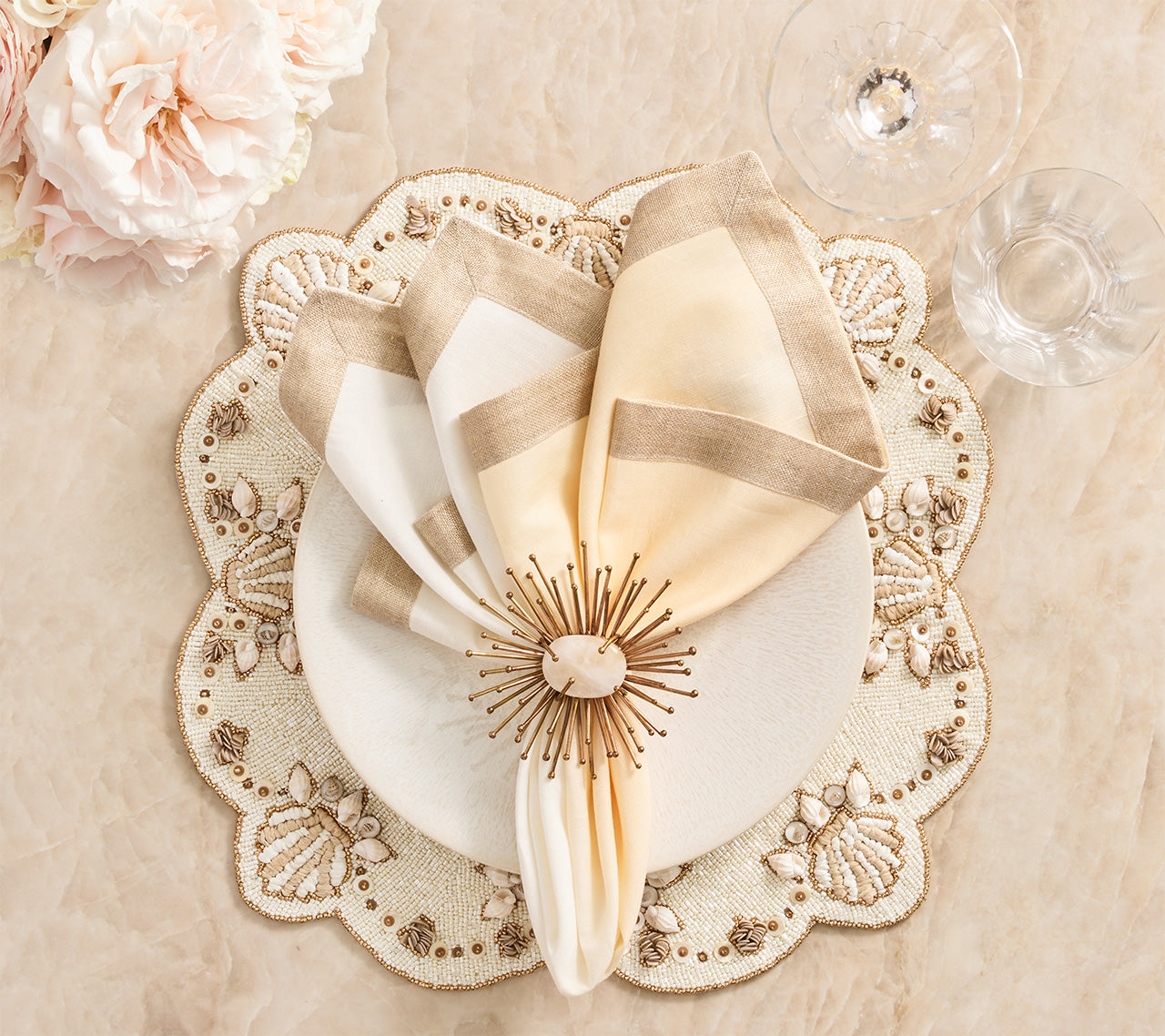 Natural & Ivory Gold Beachcomber Placemats Set of 2 - Elegant Table Decor for Dining Room, Kitchen, or Outdoor Entertaining
