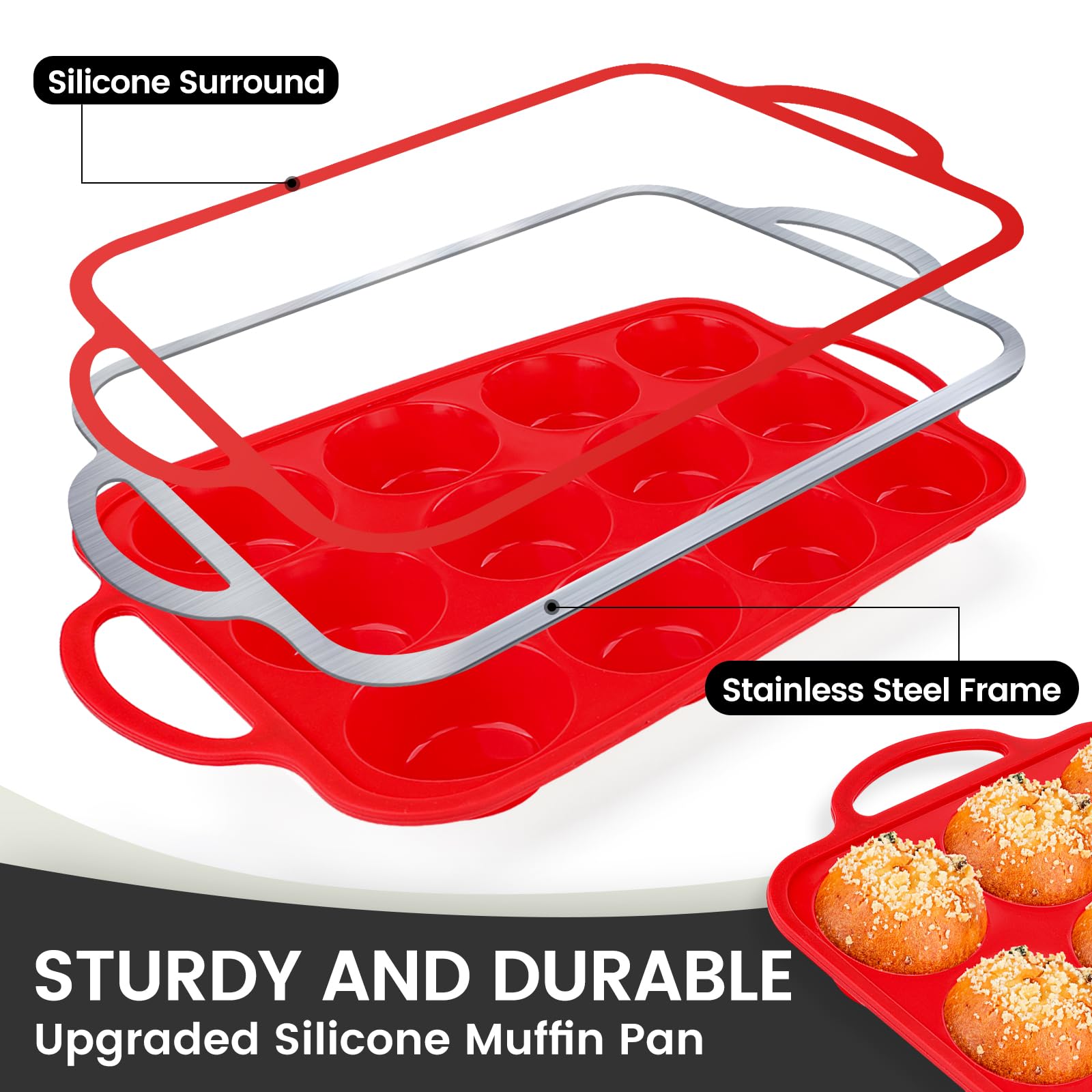 2-Pack Non-Toxic BPA-Free Silicone Muffin Pan with Metal Reinforced Frame - 12 Cup Regular Size Cupcake Baking Pan for Oven & Dishwasher Safe - Perfect for Home Baking, Party Treats & Holiday Desserts (Red)