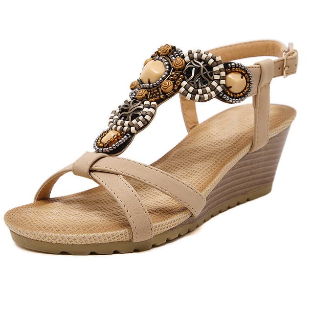 JrenBox Women's Fashion Beaded High Heel Sandals - Casual Slope Heel Shoes for Women | Beige Size 6 | Perfect for Summer Outings, Beach Vacations & Date Nights