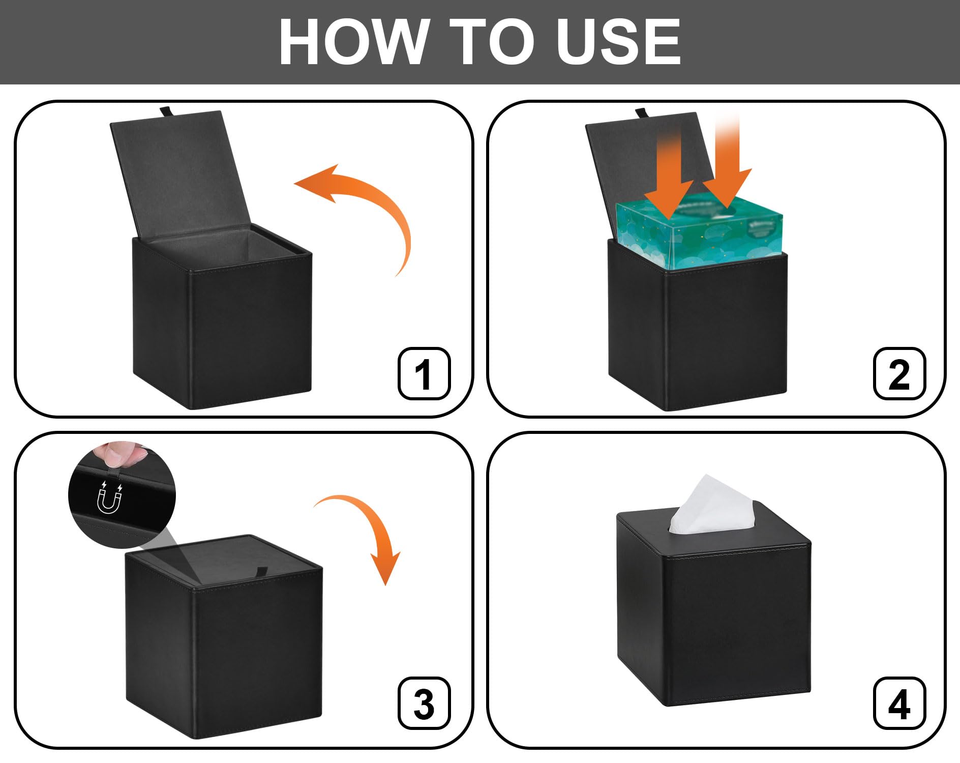 Square PU Leather Tissue Box Cover - Black Decorative Holder for Facial Tissues | Dresser & Bathroom Organizer | Perfect for Home, Office & Hotel Decor