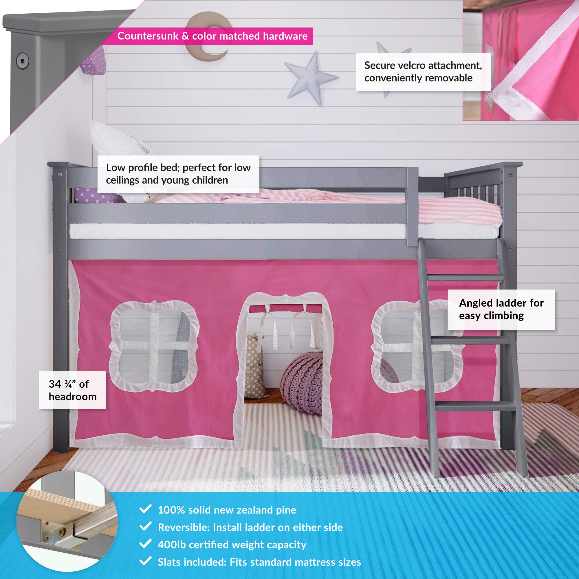 Max & Lily Low Loft Twin Bed Frame for Kids with Privacy Curtains - Space-Saving Grey/Pink Bunk Bed for Small Rooms, Playrooms & Sleepovers