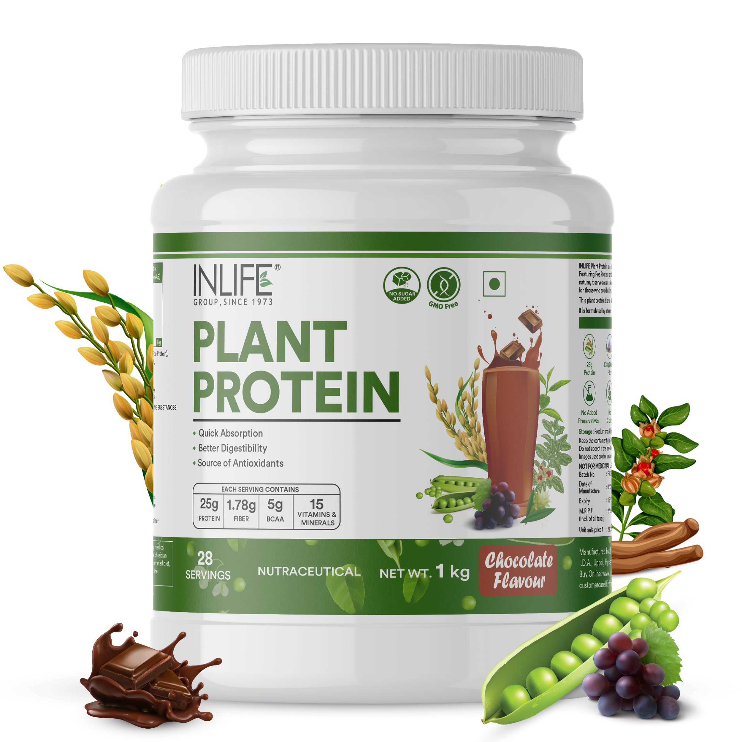 INLIFE Plant Protein Powder with Pea, Quinoa & Brown Rice - 25g Protein per Serving - Vegan Bodybuilding Supplement with Ashwagandha, Green Tea & Grape Seed Extract - Chocolate Flavor (1 kg) - Ideal for Post-Workout Recovery, Muscle Growth & Healthy Digestion