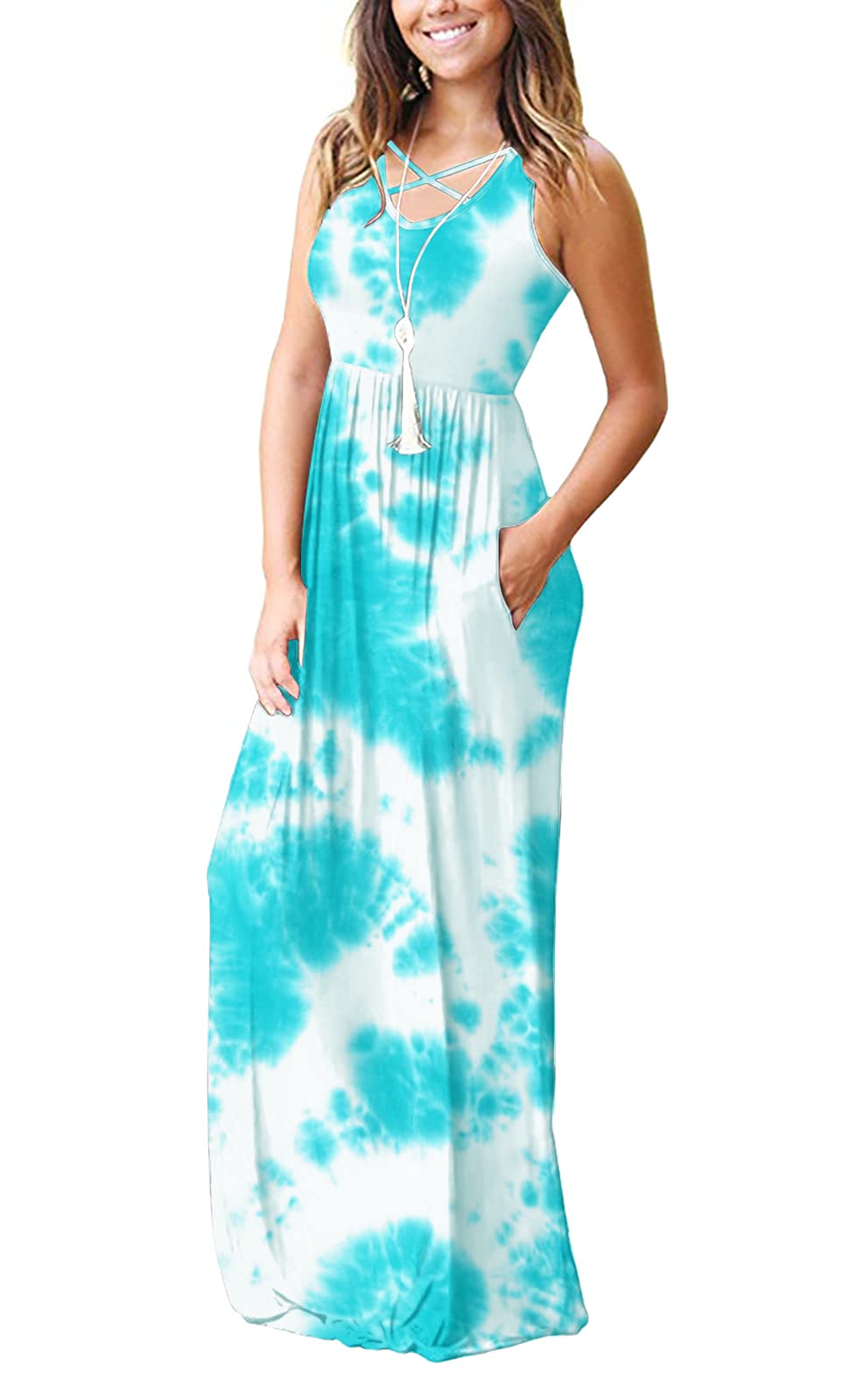 LILBETTER Women's Sleeveless Racerback Maxi Dress - Loose Fit Casual Long Dress with Pockets | Summer Beach Wear, Vacation Outfit, Boho Chic Style