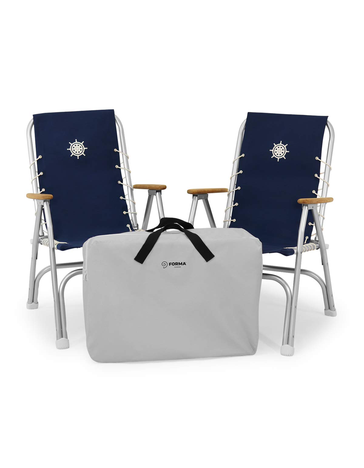 FORMA MARINE High Back Boat Chairs - Black Folding Deck Chairs with Aluminum Frame & Teak Accents - Set of 2 (M150BL) - Perfect for Yachts, Boats, and Outdoor Waterfront Lounging