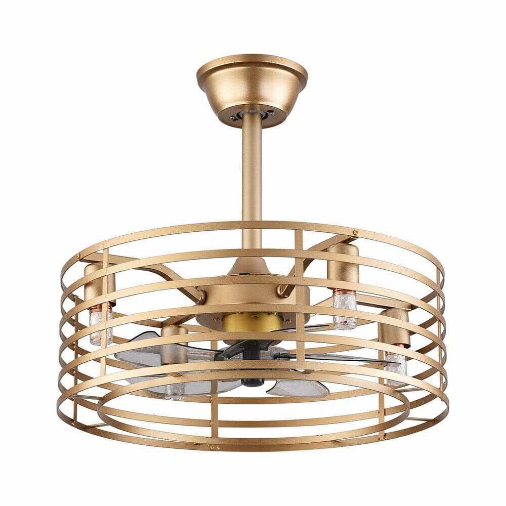 20 Inch Industrial Caged Ceiling Fan with Light - 3 Speed Adjustable, Remote Control, Bladeless Design for Kitchen, Bedroom, Living Room & Farmhouse - Gold Finish (4xE12 Base, Bulbs Not Included) - Perfect for Modern Farmhouse Decor and Air Circulation in Large Spaces