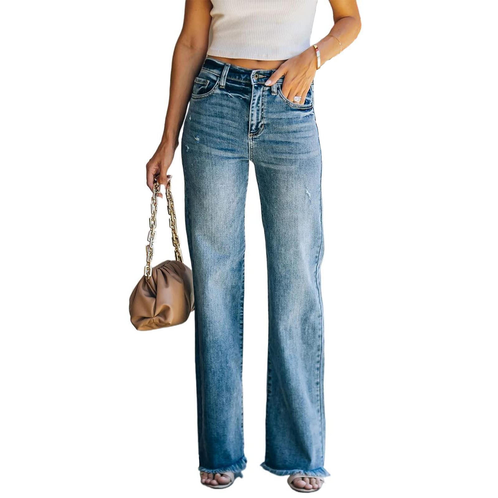 HDLTE Women's Ripped Boyfriend Jeans - Distressed High Waist Baggy Denim Pants with Wide Leg Straight Fit | Y2K Streetwear Fashion | Perfect for Casual Outings, Parties, and Urban Street Style