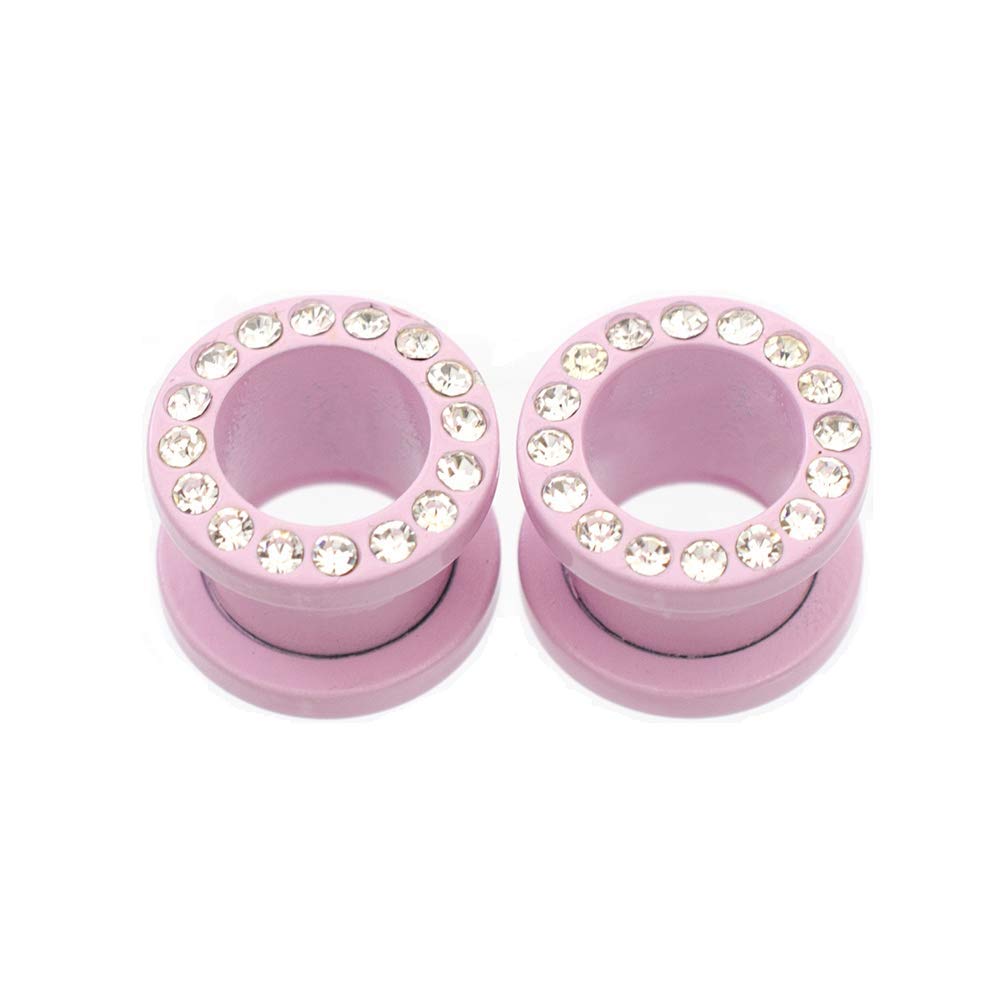 2PCS Surgical Steel PVD Matte Pastel Pink Ear Gauges with CZ Gem Rhinestones | Screw Fit Tunnels & Plugs | 12G - 1/2