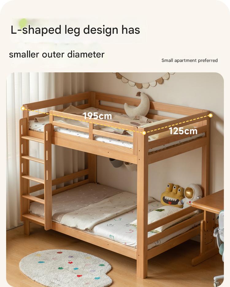 Solid Wood Bunk Bed - Beech & Birch Twin/Full Size - Space-Saving Kids & Guest Room Furniture for Small Bedrooms & Vacation Homes
