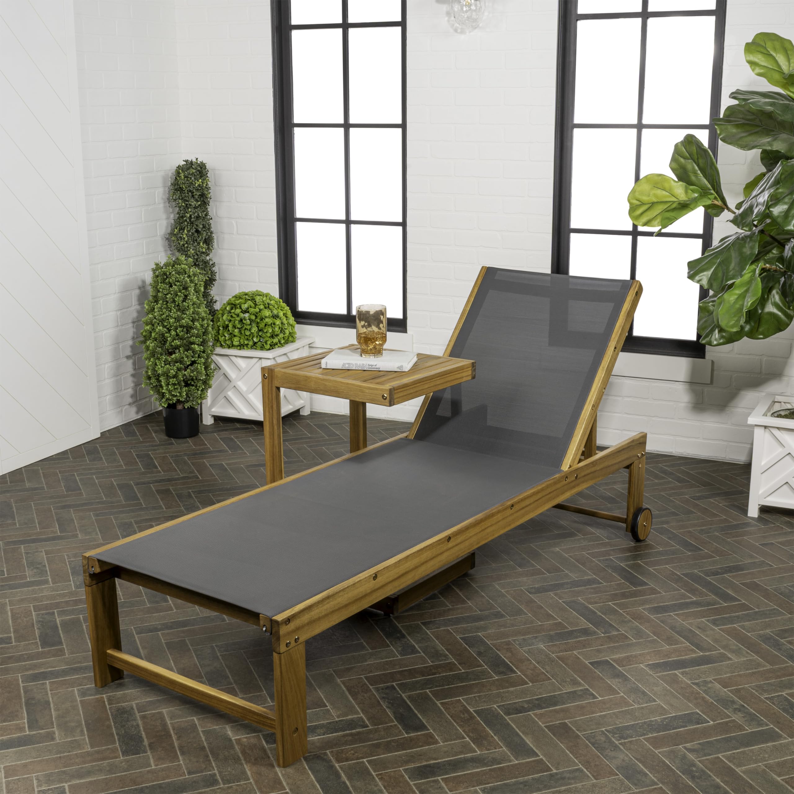 Modern Acacia Wood Outdoor Chaise Lounge Set with Side Table - 3-Position Adjustable, Dark Gray/Teak Brown - Coastal & Contemporary Design for Patio, Poolside, or Backyard Relaxation