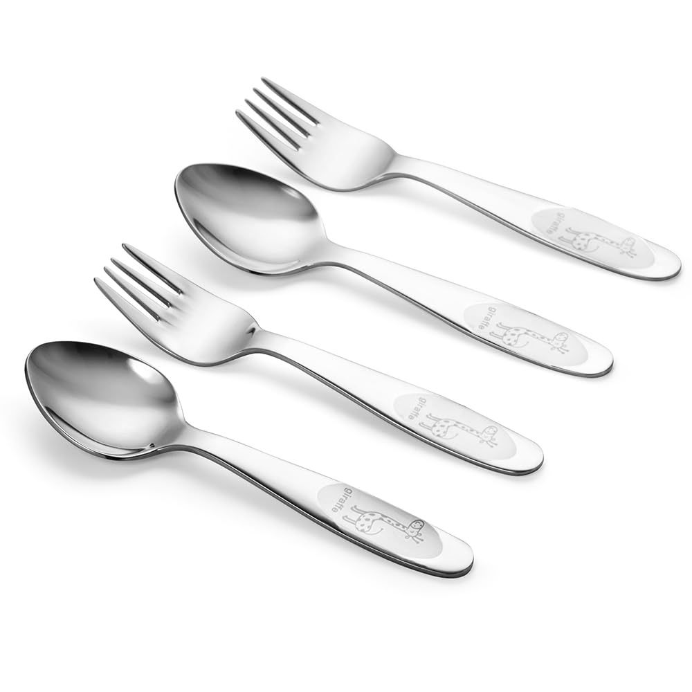 4-Piece Kids Utensils Set - Stainless Steel Training Forks & Spoons with Rounded Edges | Self-Feeding Tools for Toddlers 3+ Years and Preschoolers | Dishwasher Safe Tableware | Perfect for Home, School Lunch & Travel Meals
