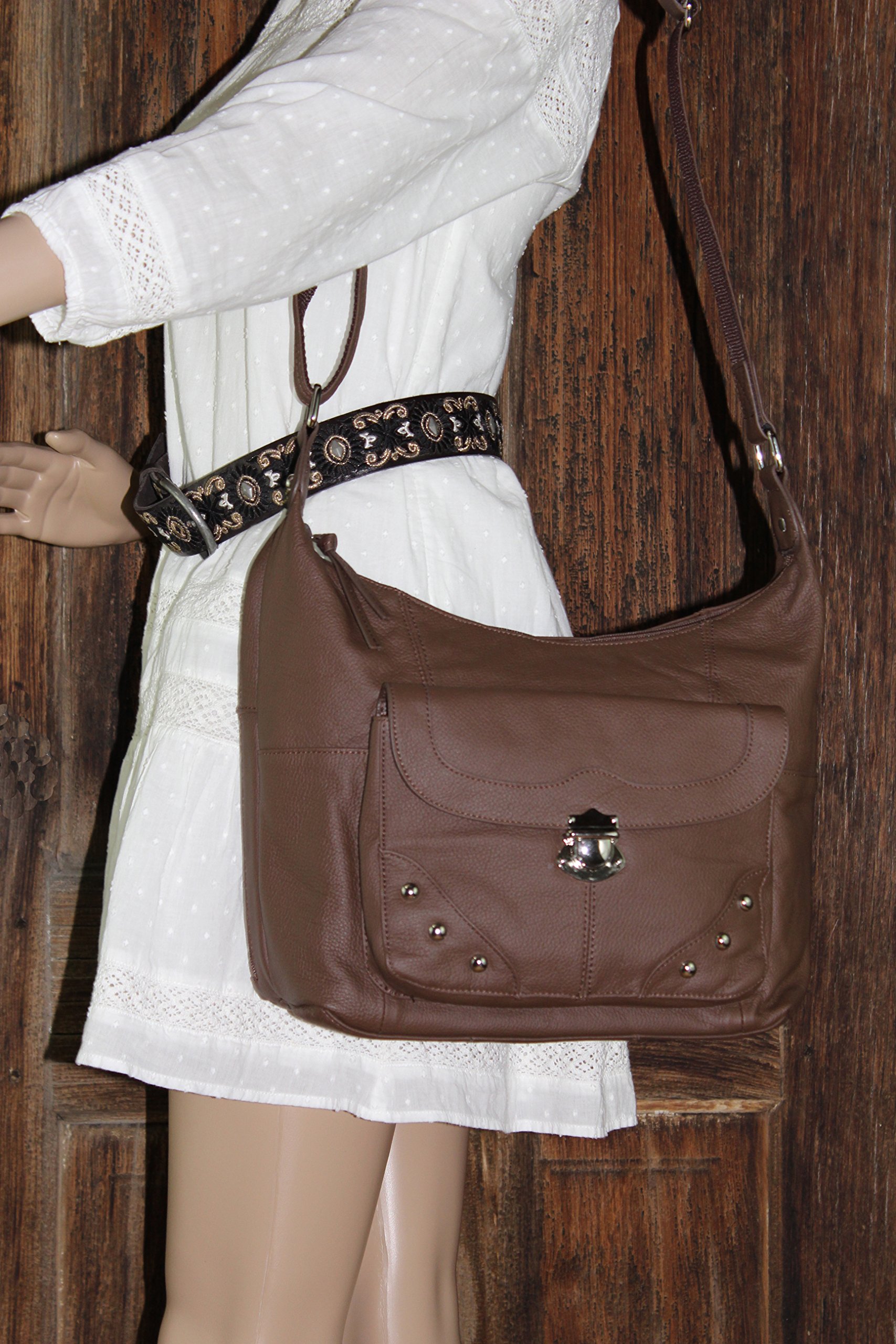 Concealed Carry Purse for Women - Stylish Studded Leather Gun Handbag with Front Pocket - Ambidextrous Left & Right Hand Draw - CCW Approved by Roma Leathers (Brown) - Perfect for Everyday Safety & Fashion