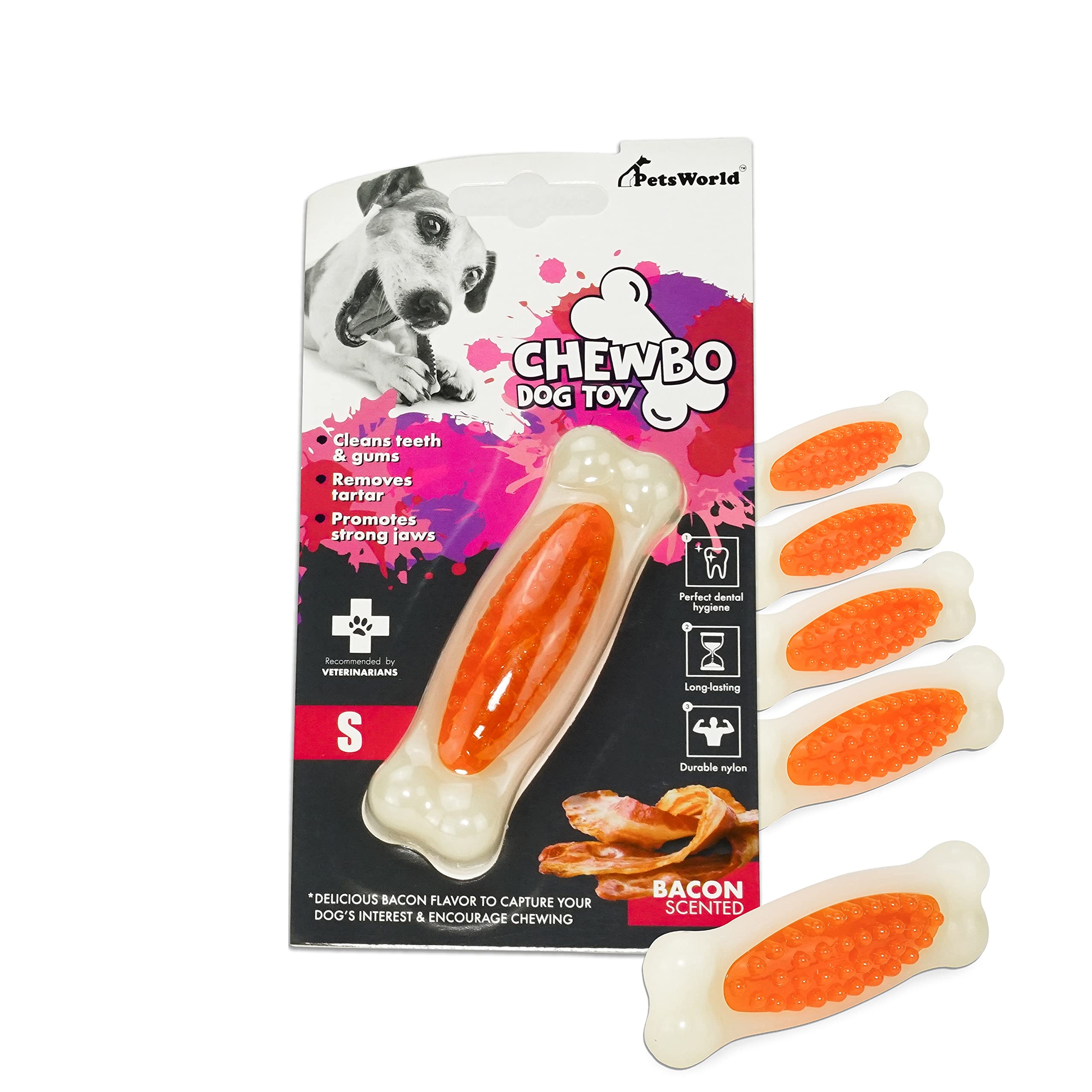 **PetsWorld Bacon Scented Dog Chew Toy – Tough & Durable for Small & Medium Dogs – 6 Pack – Non-Toxic, Promotes Dental Health & Teeth Cleaning – Great for Aggressive Chewers & Playtime**