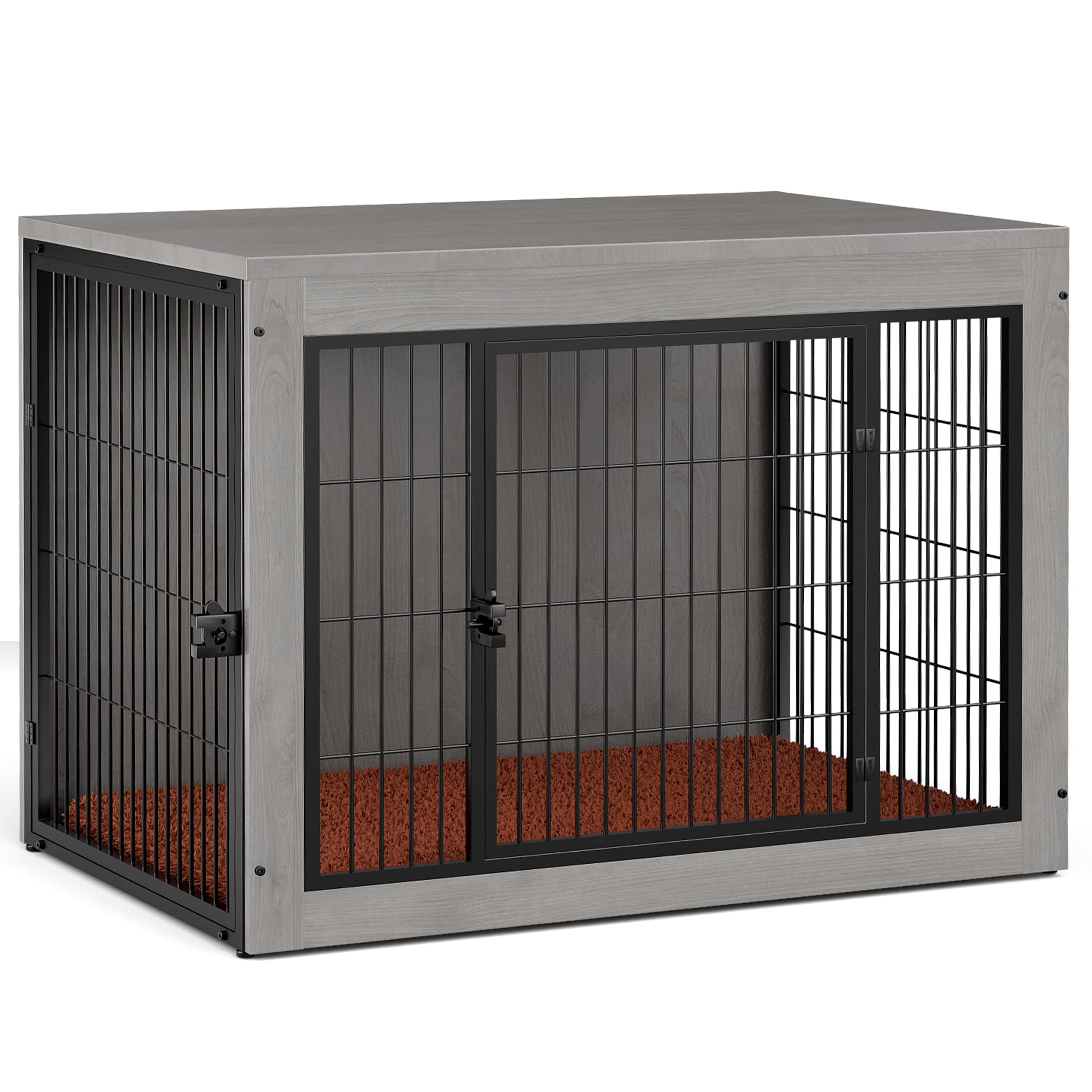 **Stylish Grey Dog Crate Furniture with Soft Cushion - Double Door Indoor Dog Kennel & Side End Table - Easy Assembly Pet House for Small, Medium, Large Dogs (38.8