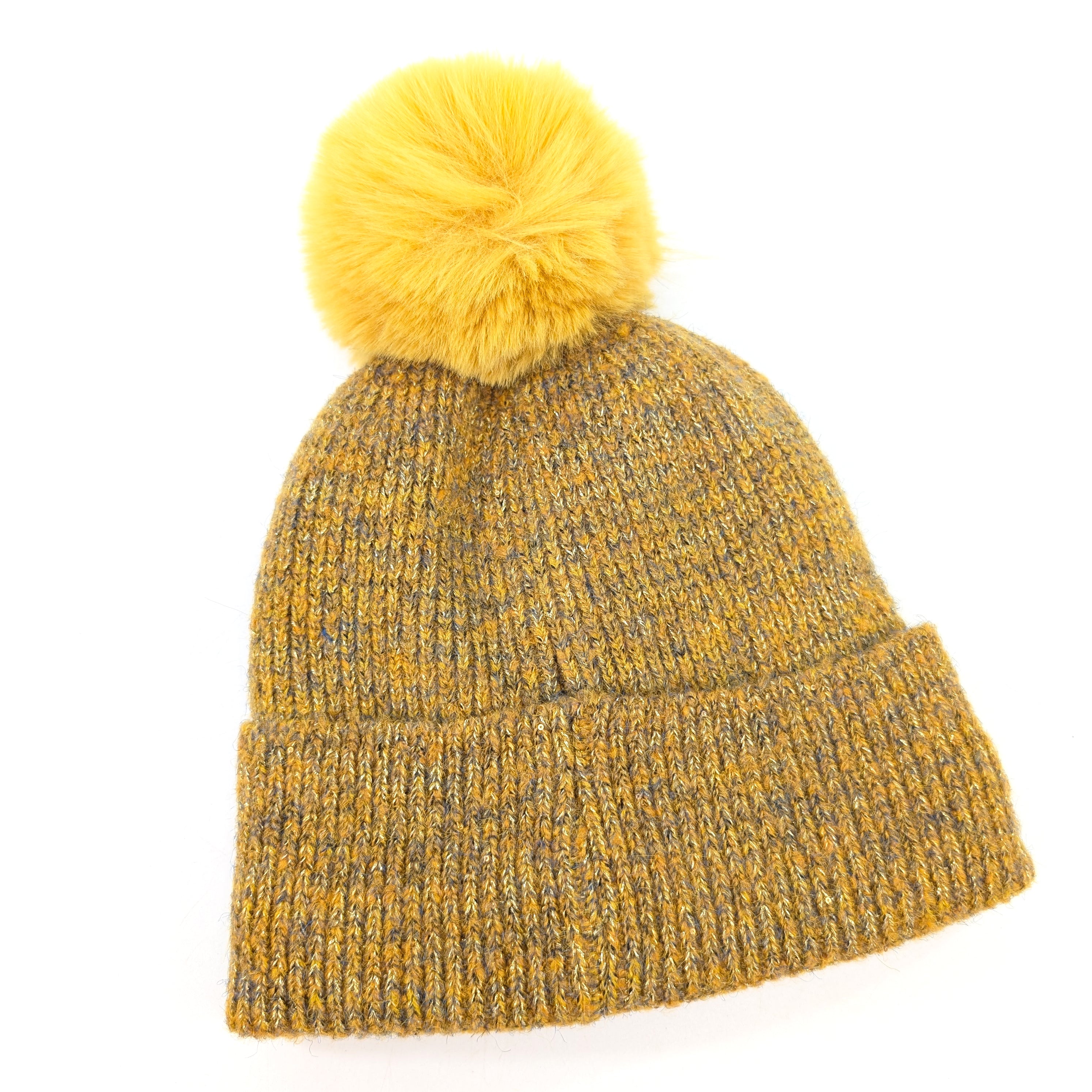 Sequin Faux Fur PomPom Winter Hat - Mustard Yellow Beanie for Women | Cozy & Stylish Cold Weather Accessory for Outdoor Activities, Parties & Holidays
