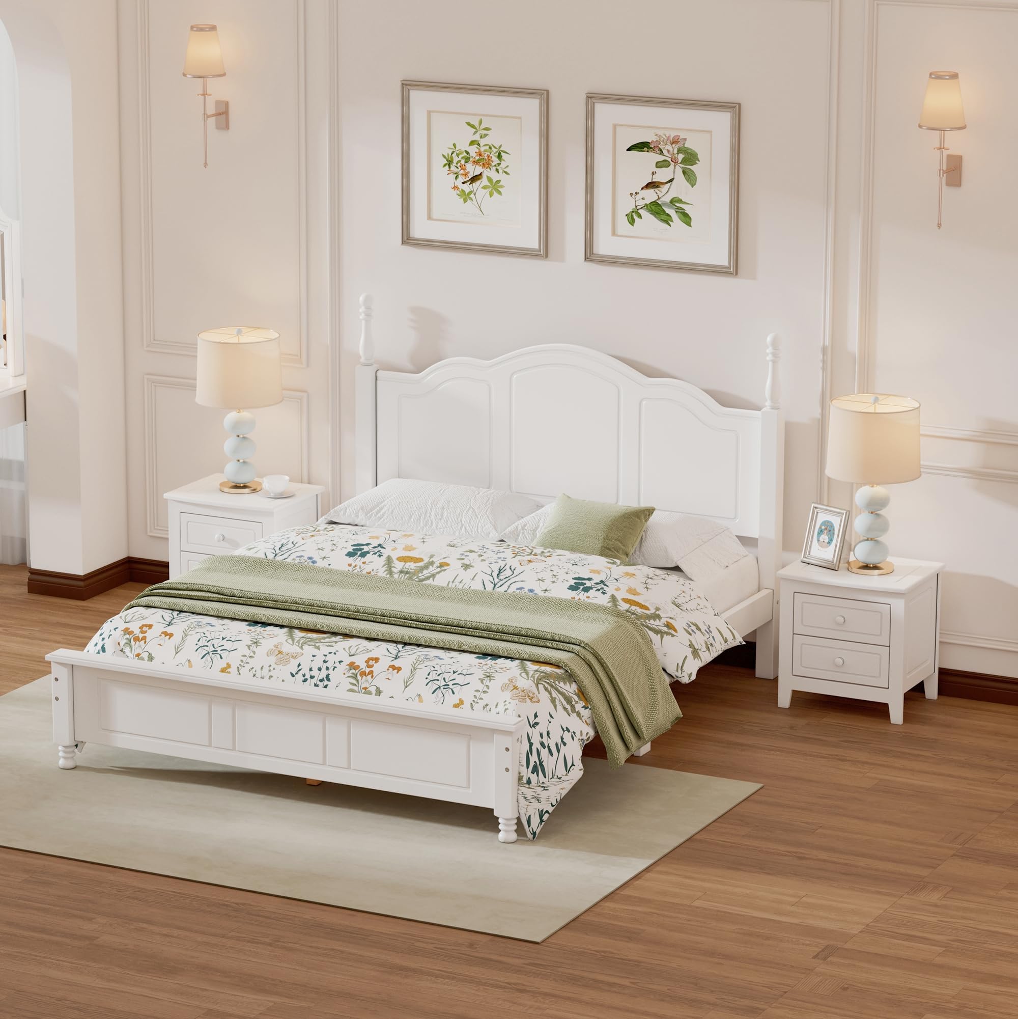 Queen Size Wooden Bed Frame with 2 Nightstands & Headboard - Sturdy Platform Bed with Wood Slats Support - Retro Style 3-Piece Bedroom Set for Kids, Teens & Adults - White - Perfect for Guest Rooms, Dormitories & Cozy Bedrooms
