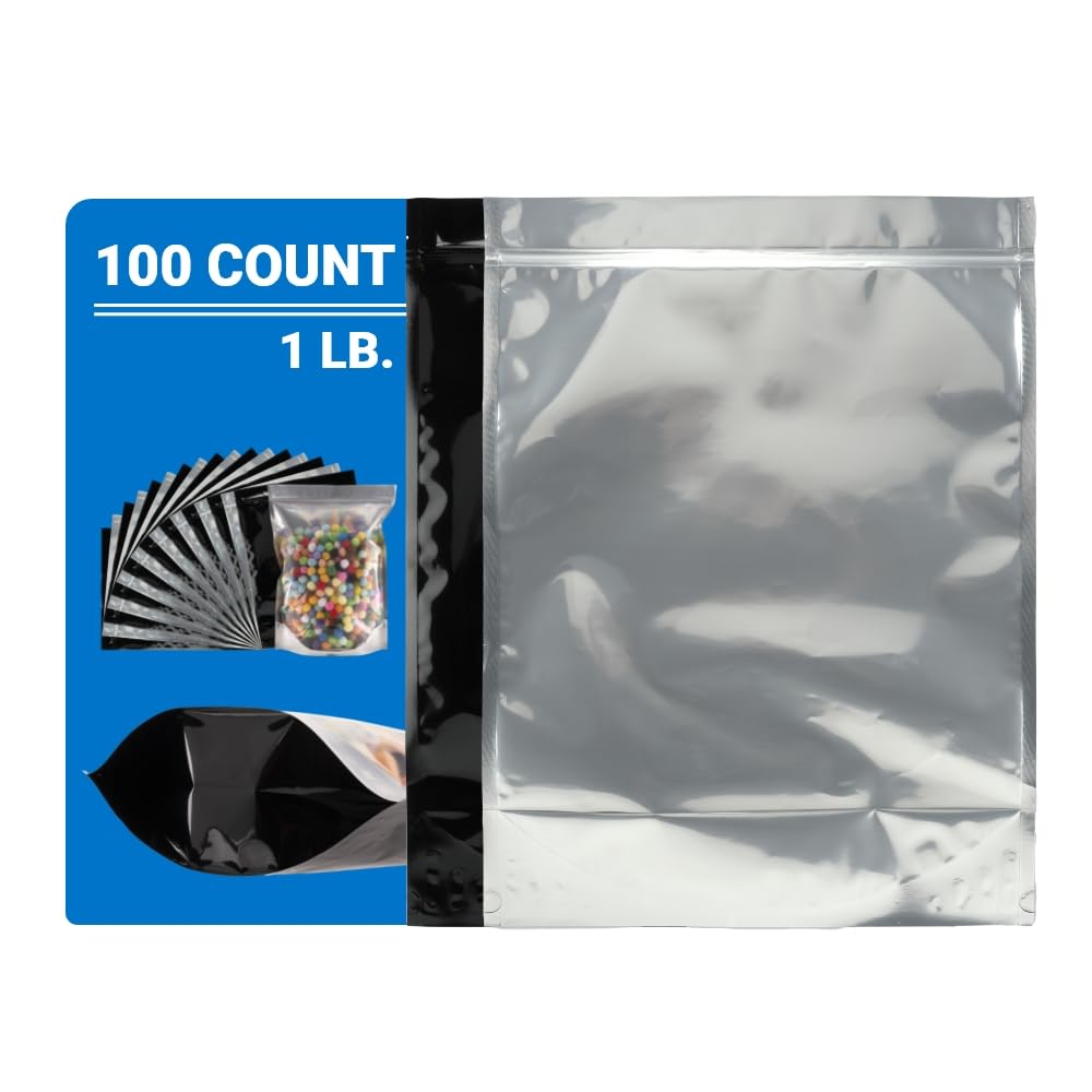 Premium 6mil Thick Mylar Bags - 100 Count Smell Proof Resealable Food Storage Bags (1lb Capacity, All Black) - Ideal for Coffee, Tea, Herbs, Spices & Long-Term Dry Food Preservation