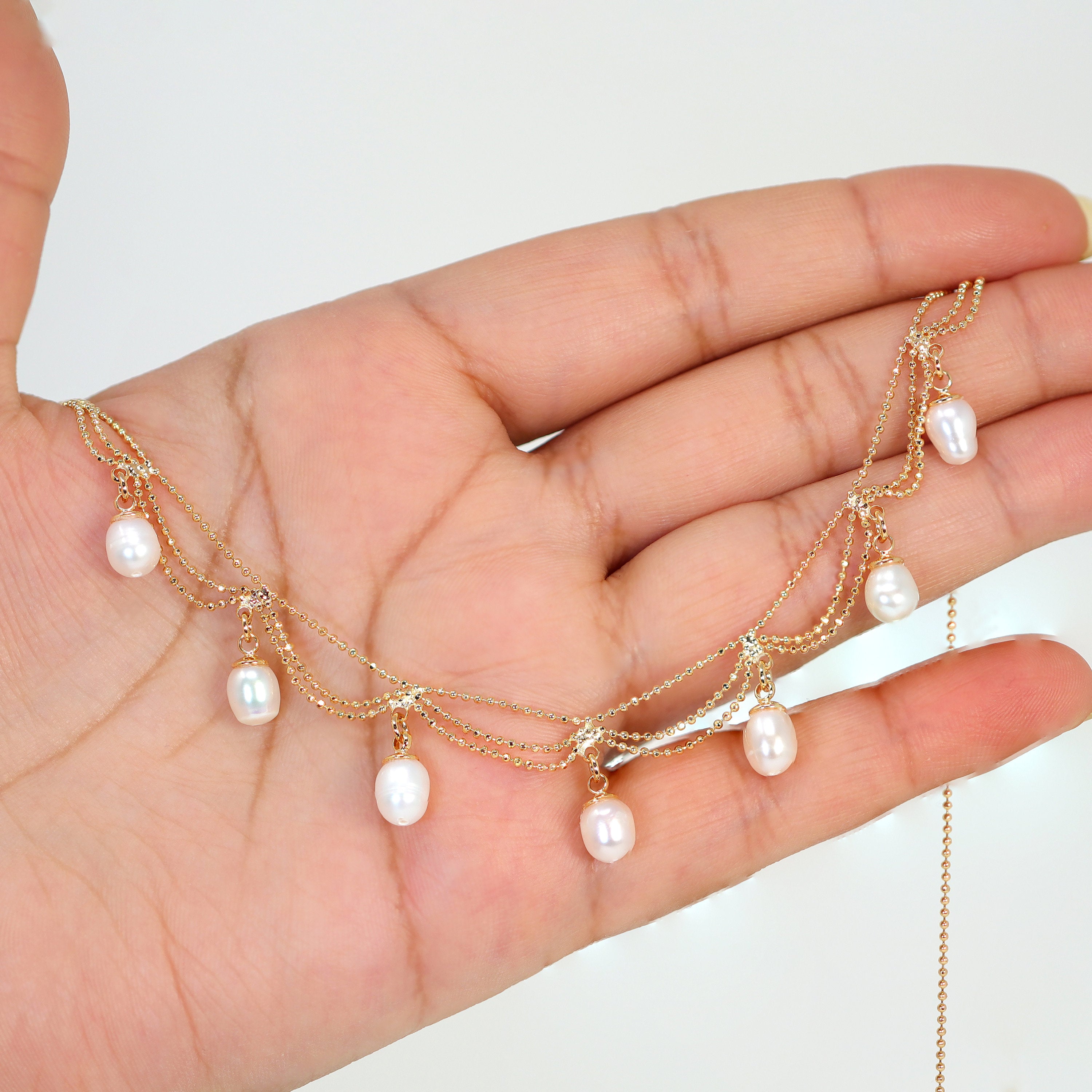 Freshwater Natural Pearl Drop Dainty Necklace - Elegant Bridal Choker & Statement CZ Earrings Set for Weddings, Prom, Anniversary Gifts & Special Occasions