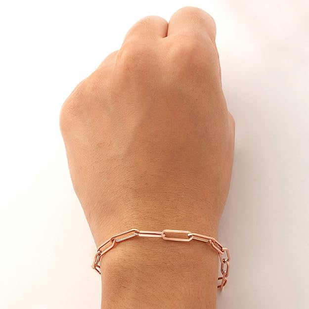 14k Rose Gold 4mm Paper Clip Link Bracelet for Women - Dainty Minimalist Jewelry Gift for Her - Perfect for Everyday Wear, Office & Special Occasions