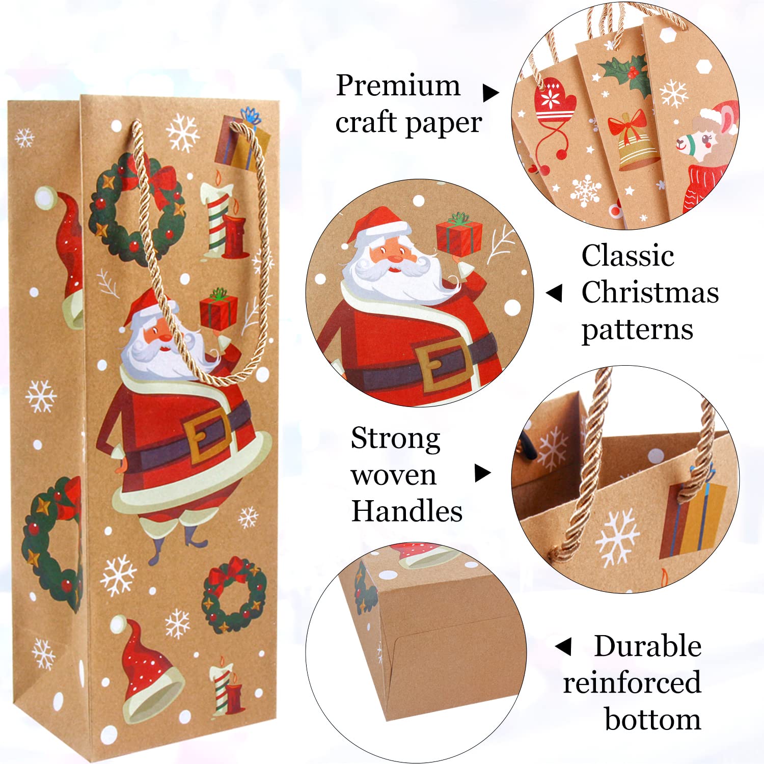 12 Pack Christmas Wine Gift Bags with Handles - Kraft Holiday Wine Bottle Bags for Party Favors & Gifts - Perfect for Christmas Parties, Hostess Gifts & Wine Exchanges