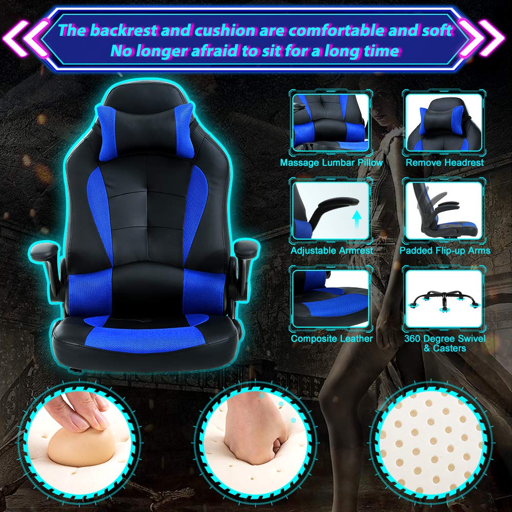 Ergonomic Gaming Chair with Lumbar Support & Headrest - Adjustable PU Leather Office Computer Chair for Video Games, Work & Home Use - Blue
