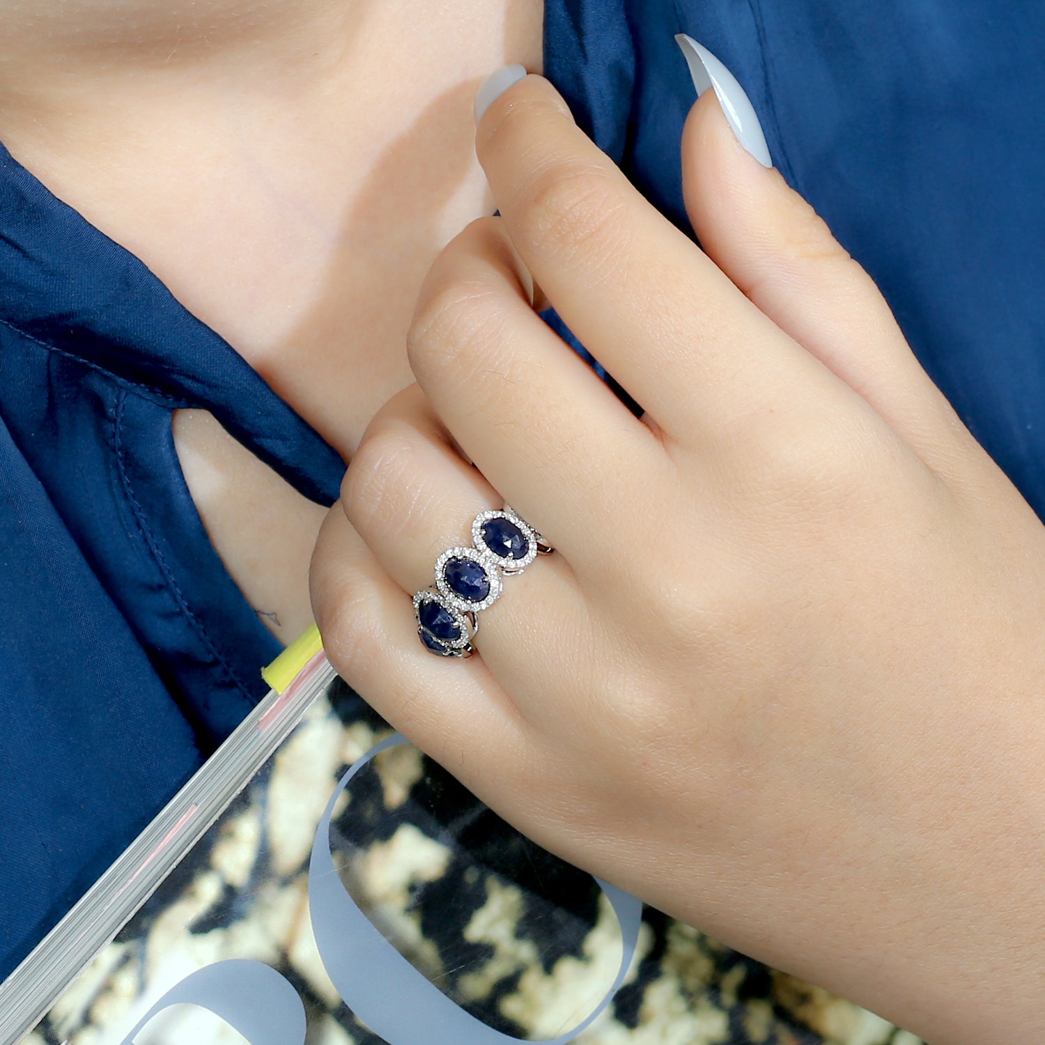 14K White Gold Blue Sapphire Pave Diamond Half Eternity Band Ring - Perfect for Weddings, Anniversaries & Romantic Gifts