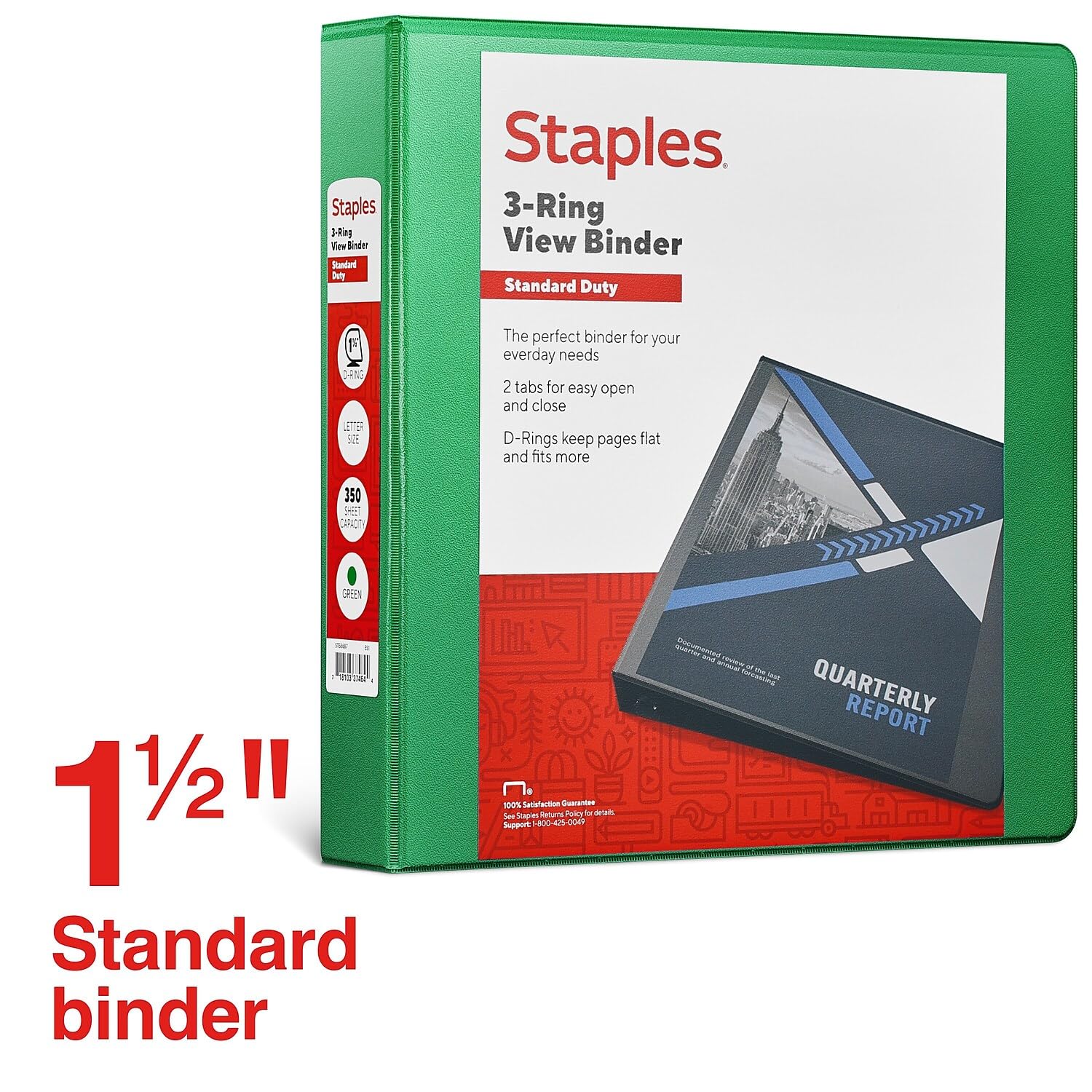 Staples Standard 1.5 Inch 3-Ring View Binder - Green | Durable School & Office Supplies for Organizing Documents, Reports & Presentations
