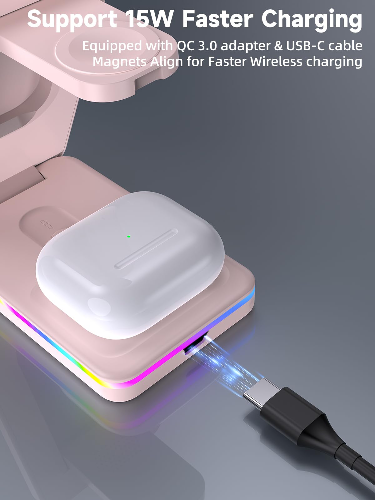3-in-1 Foldable MagSafe Wireless Charging Station for iPhone 16 Pro Max/15/14/13/12, Apple Watch & AirPods - Pink | Nightstand Charger Stand for Bedroom, Office & Travel