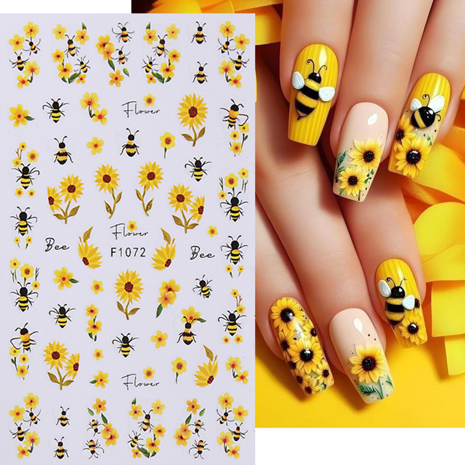 6 Sheets Flower Nail Art Stickers - Sunflower, Bee & Butterfly Designs, Self-Adhesive Nail Decals for Women, Spring Floral Nail Supplies, Cute Elegant Nail Decor for Parties, Weddings & Daily Manicures
