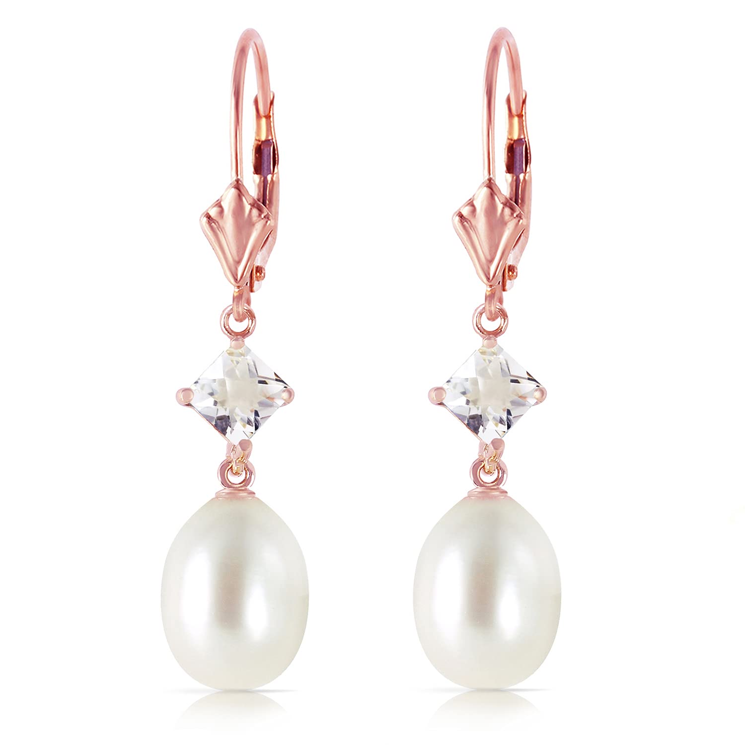 14K Solid Rose Gold Leverback Earrings with Rose Topaz & Pearls - Elegant Dangle Earrings for Women, Perfect for Weddings, Parties & Special Occasions