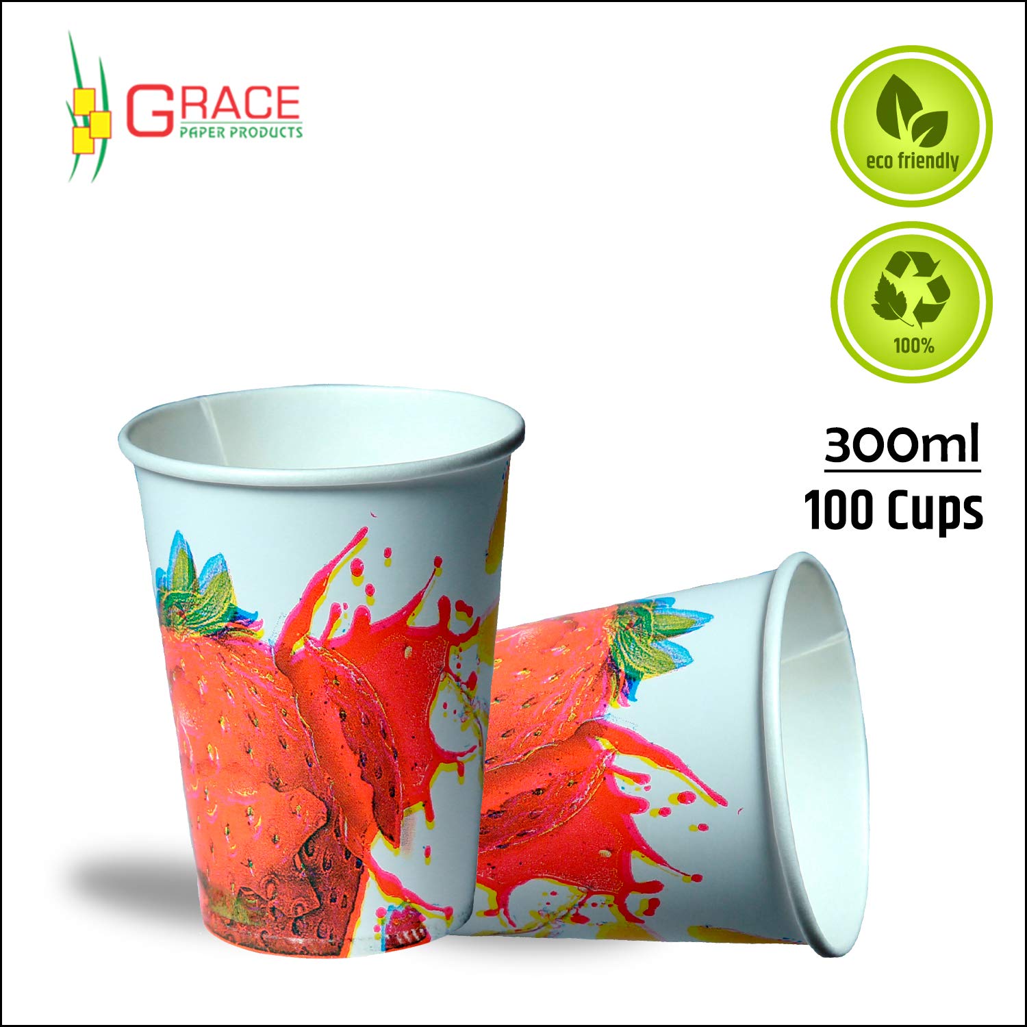 GRACE PAPER GLASS Printed Disposable Paper Cups - 100 Pack (300ml, Multicolor) for Parties, Home, Office & Events - Eco-Friendly Drinkware for Coffee, Tea, Juice & Cocktails