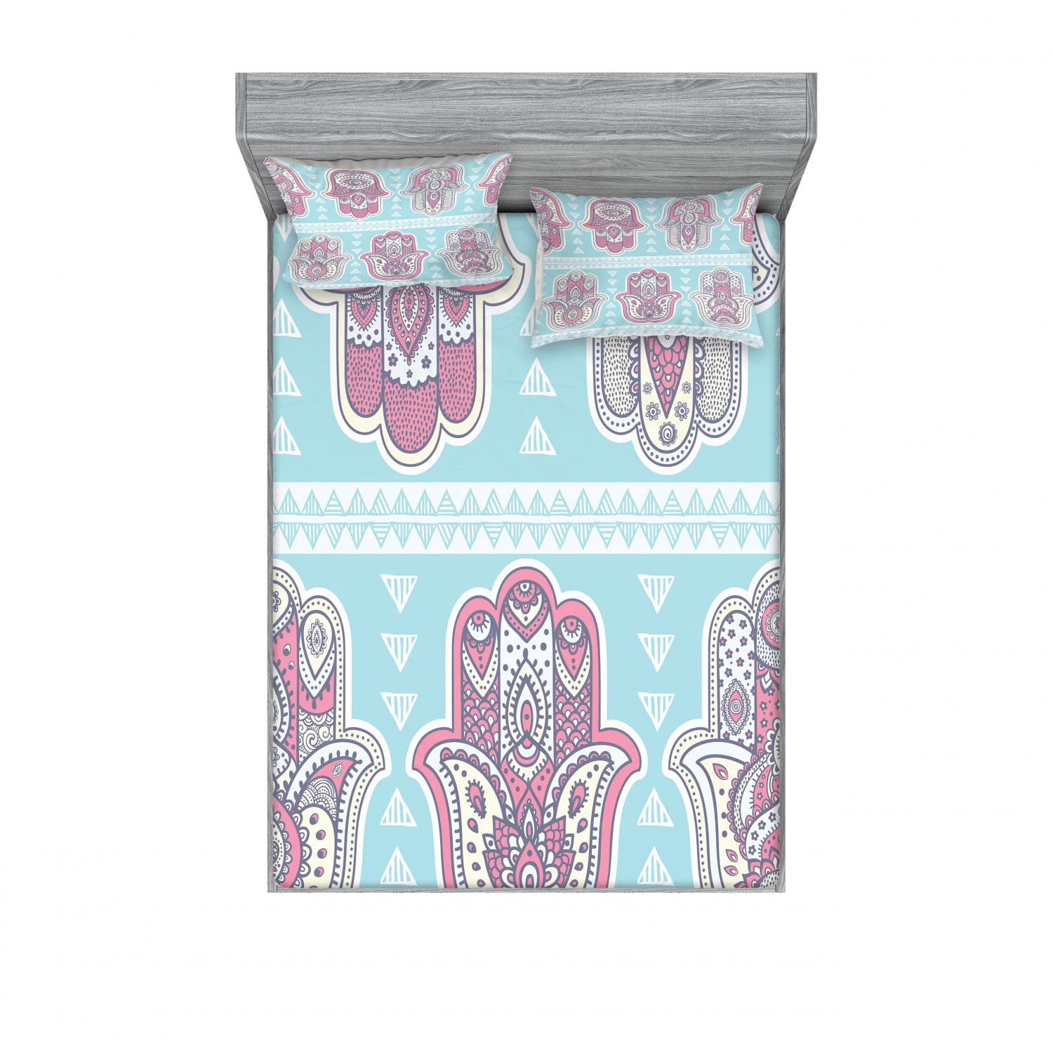 Ambesonne 2-Piece King Size Fitted Sheet Set with 4 Pillow Shams - Bohemian Hamsa Hand Design in Blue & Pink - Soft Bedding Collection for Home Decor | Perfect for Guest Rooms, Master Bedrooms & Boho Chic Interiors