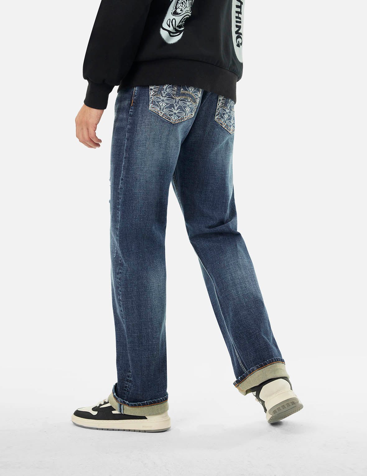 Allover Kamon Print & Seagull Embroidery Pocket Slim Fit Jeans for Women - Trendy Vintage Denim Pants for Casual Wear, Street Style & Everyday Outfits